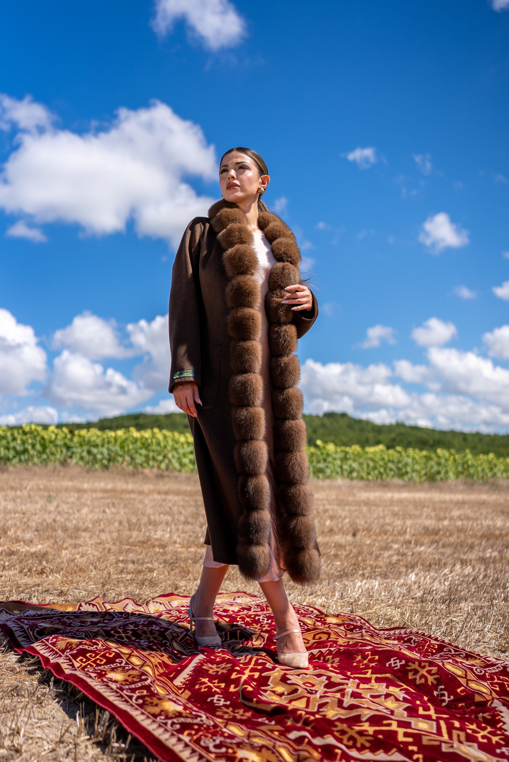 Straight-Cut Women’s Coat Made from Alpaca Wool with Patchwork Fox Fur -9220 Z F-