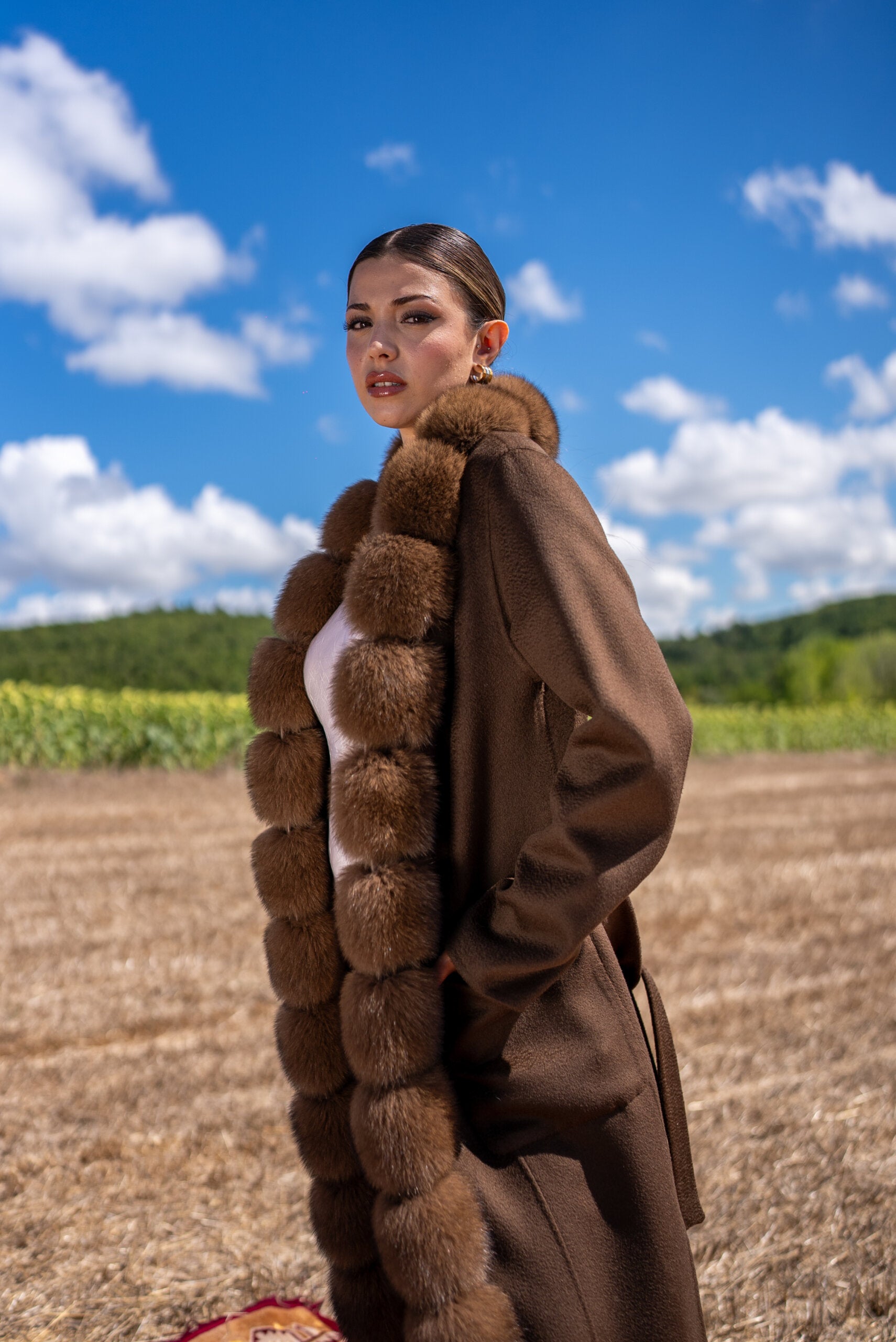 Straight-Cut Women’s Coat Made from Alpaca Wool with Patchwork Fox Fur -9220 Z F-