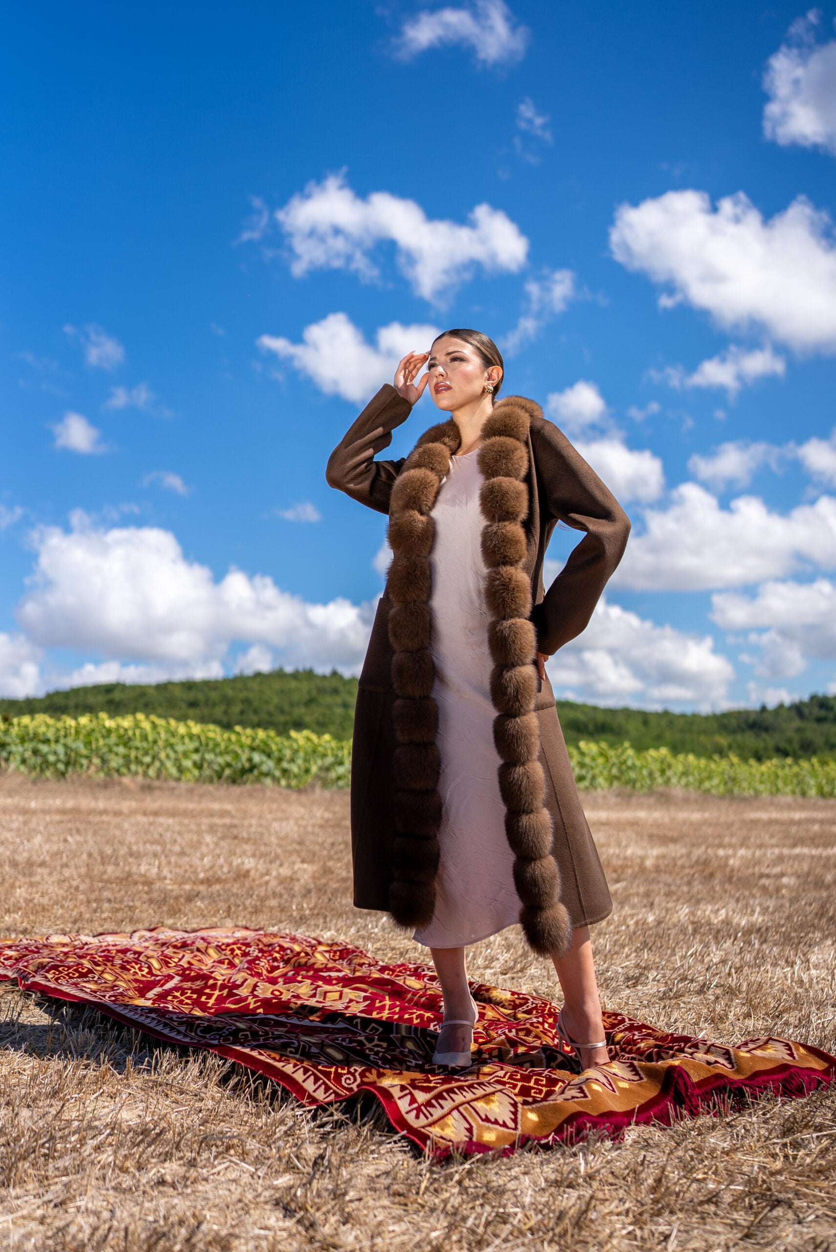 Straight-Cut Women’s Coat Made from Alpaca Wool with Patchwork Fox Fur -9220 Z F-