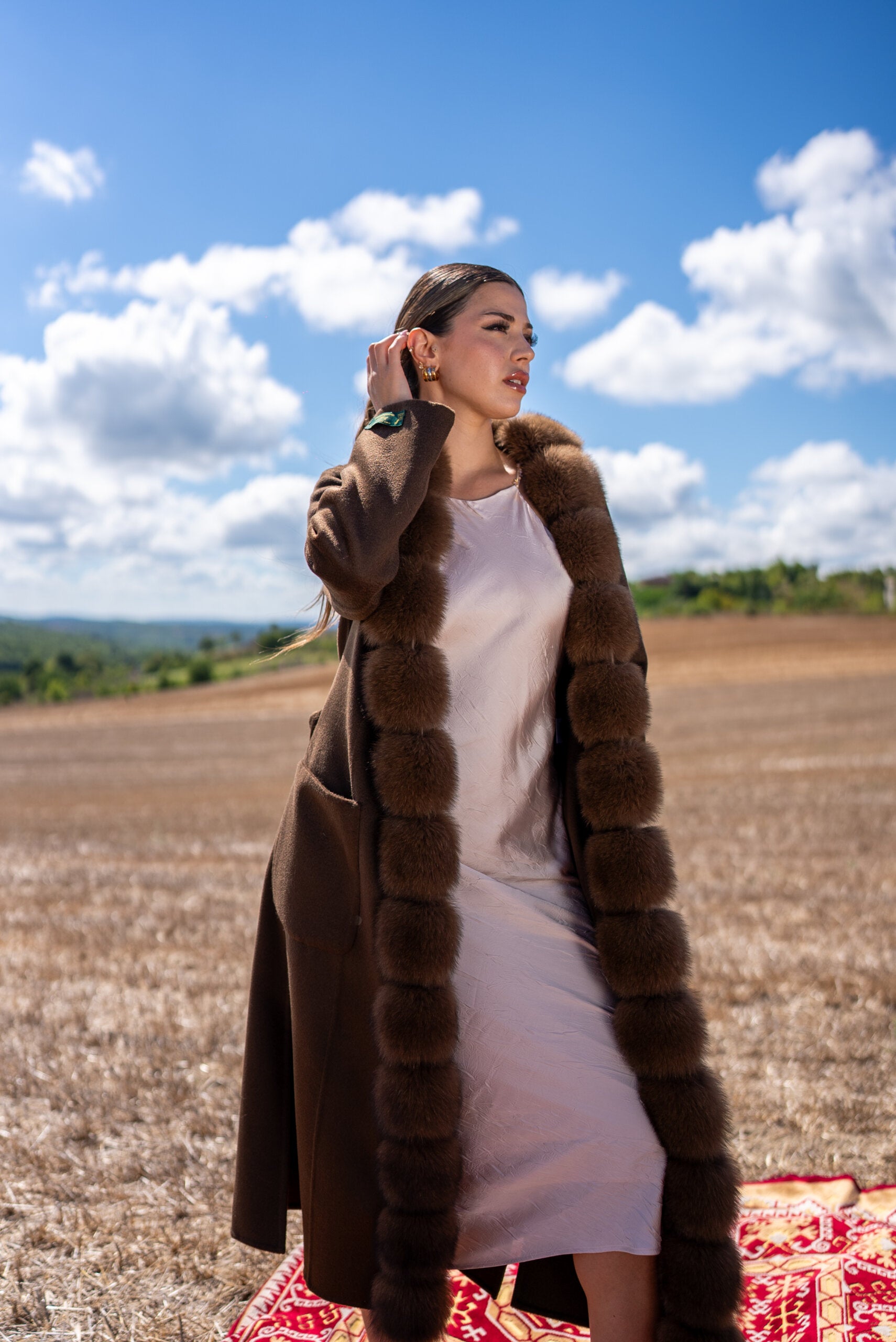 Straight-Cut Women’s Coat Made from Alpaca Wool with Patchwork Fox Fur -9220 Z F-