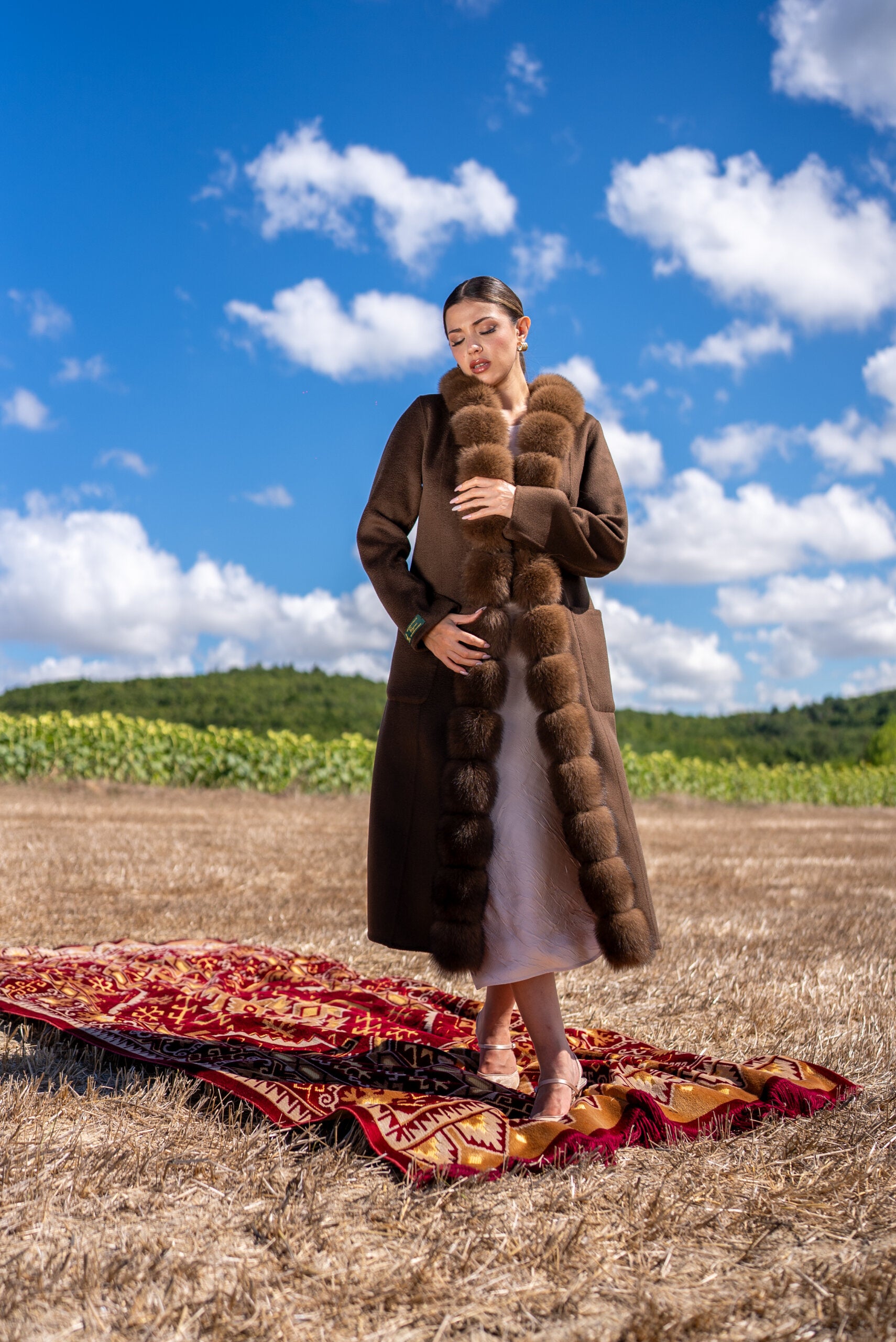 Straight-Cut Women’s Coat Made from Alpaca Wool with Patchwork Fox Fur -9220 Z F-