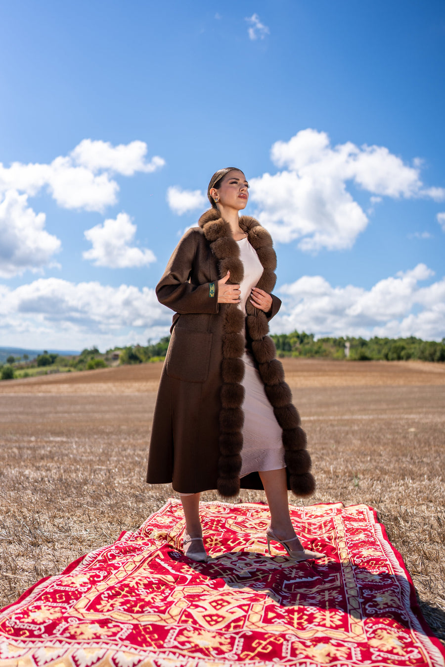 Straight-Cut Women’s Coat Made from Alpaca Wool with Patchwork Fox Fur -9220 Z F-