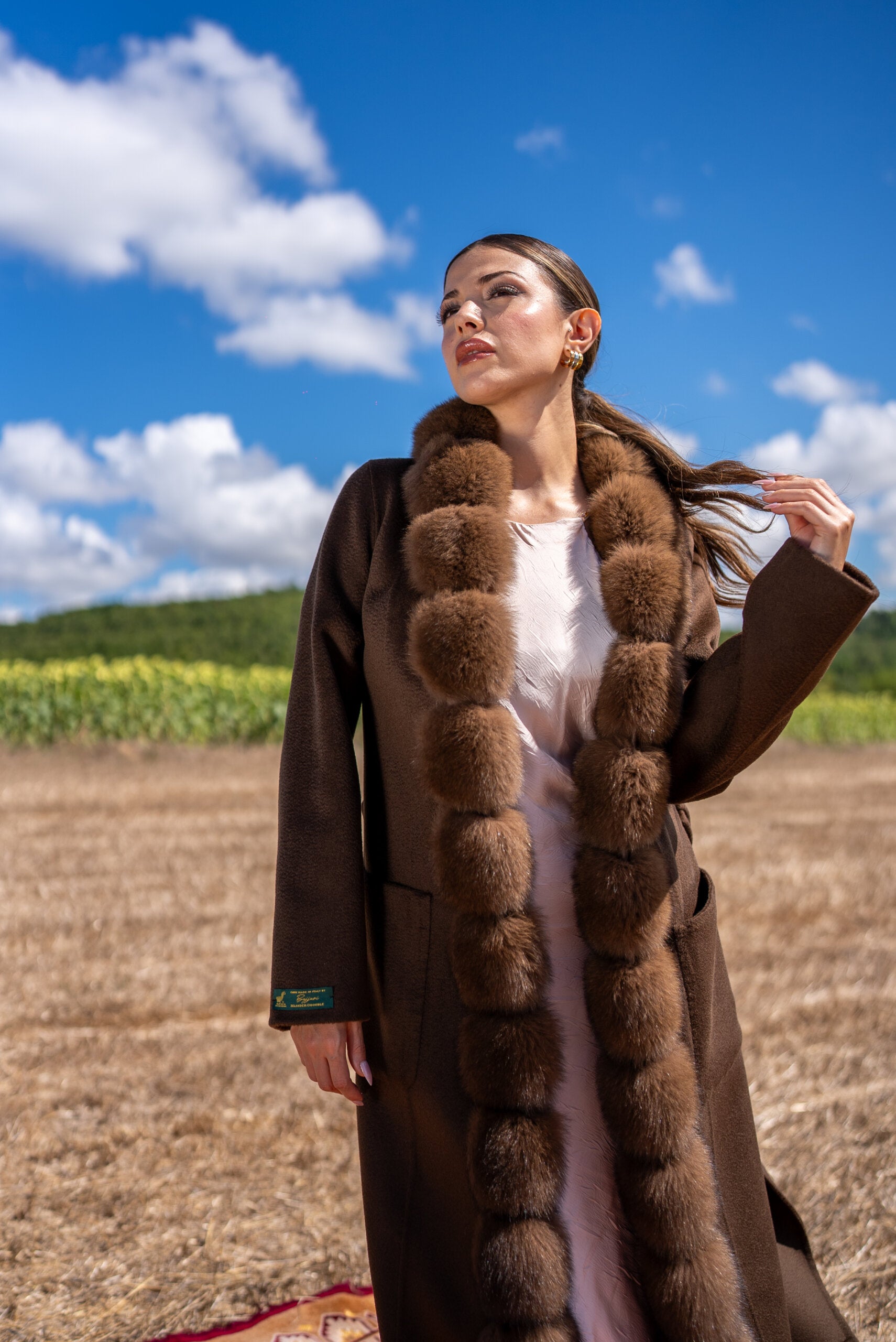 Straight-Cut Women’s Coat Made from Alpaca Wool with Patchwork Fox Fur -9220 Z F-