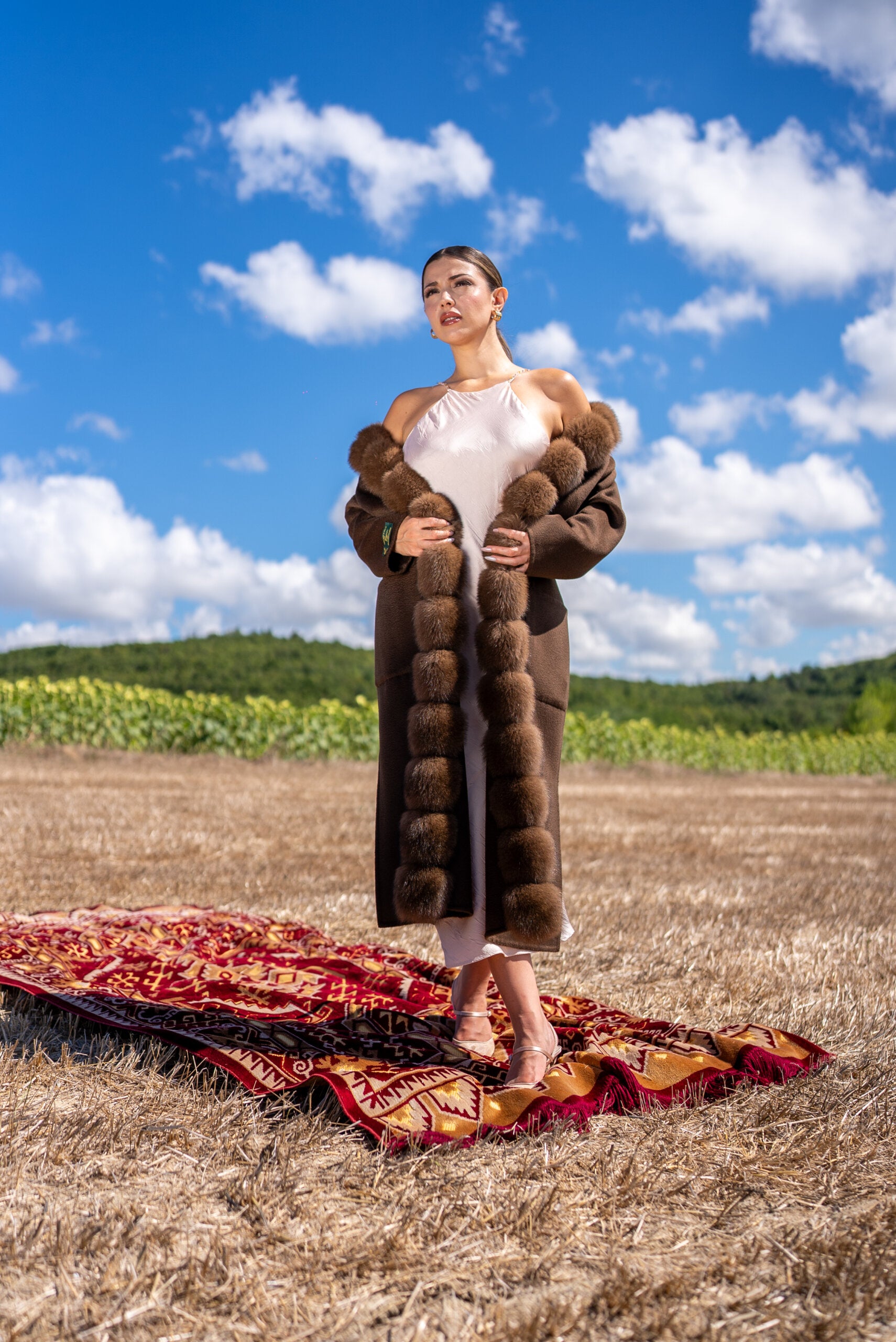 Straight-Cut Women’s Coat Made from Alpaca Wool with Patchwork Fox Fur -9220 Z F-
