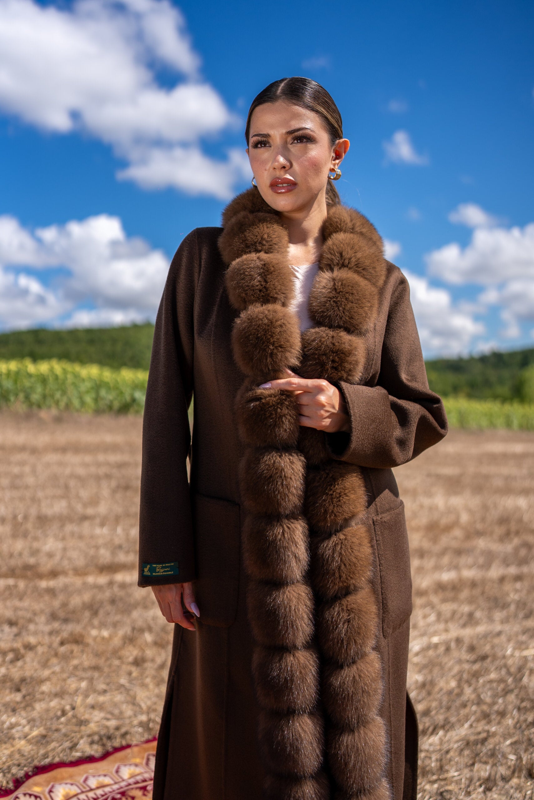 Straight-Cut Women’s Coat Made from Alpaca Wool with Patchwork Fox Fur -9220 Z F-