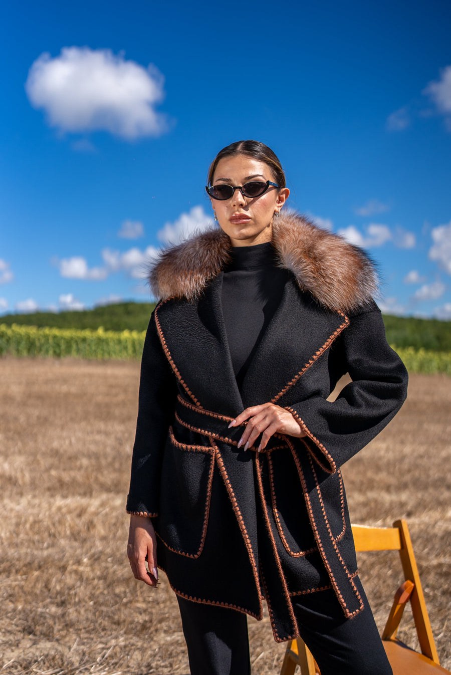 Alpaca Wool Fabric Jacket with Frost Fox Fur and Special Embroidery -9467-