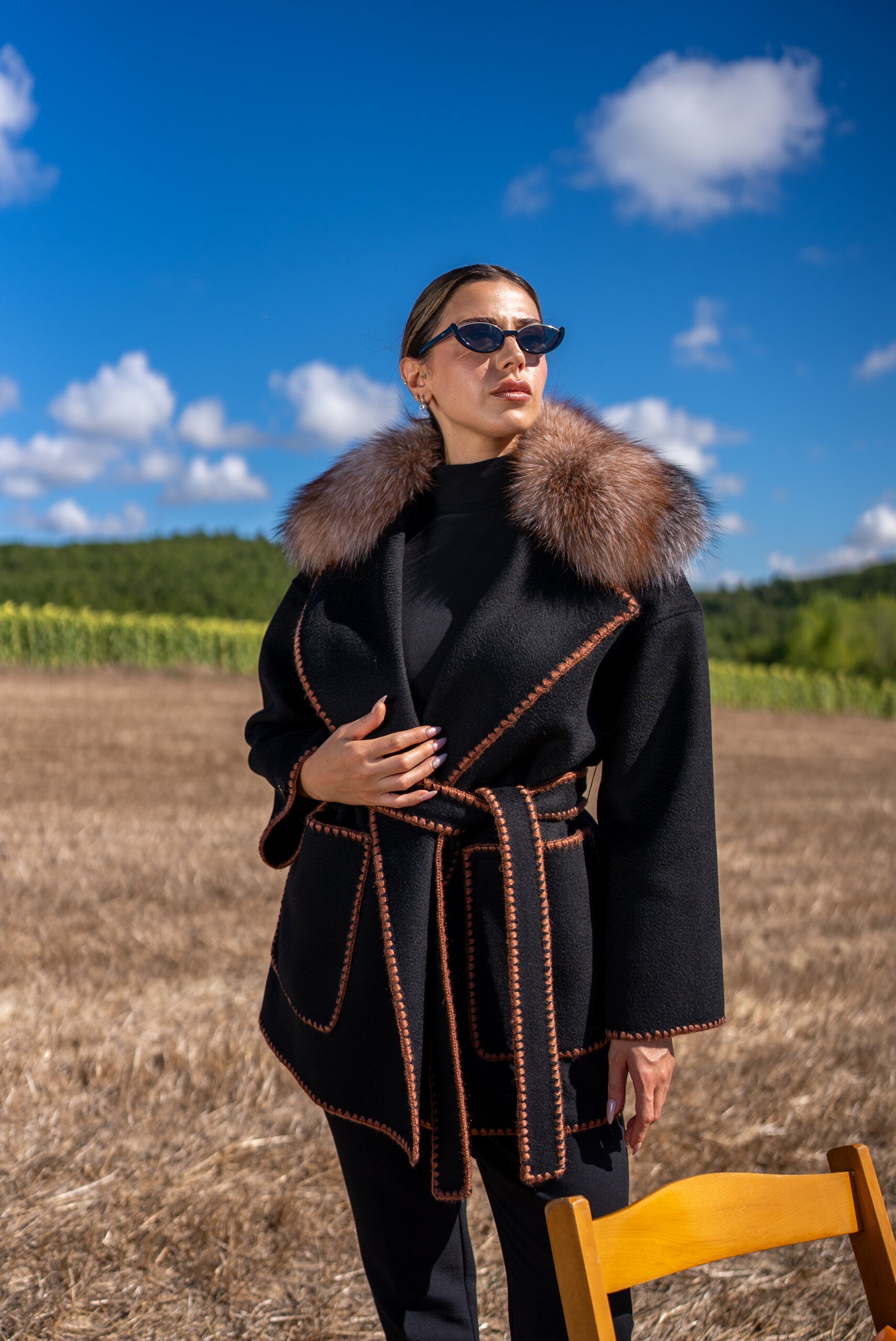 Alpaca Wool Fabric Jacket with Frost Fox Fur and Special Embroidery -9467-