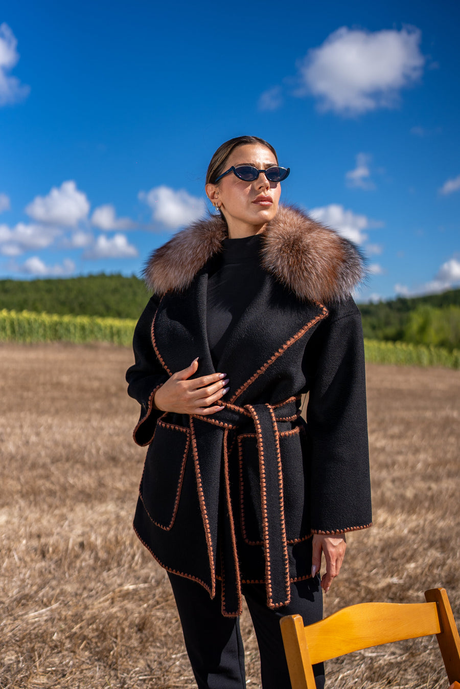 Alpaca Wool Fabric Jacket with Frost Fox Fur and Special Embroidery -9467-