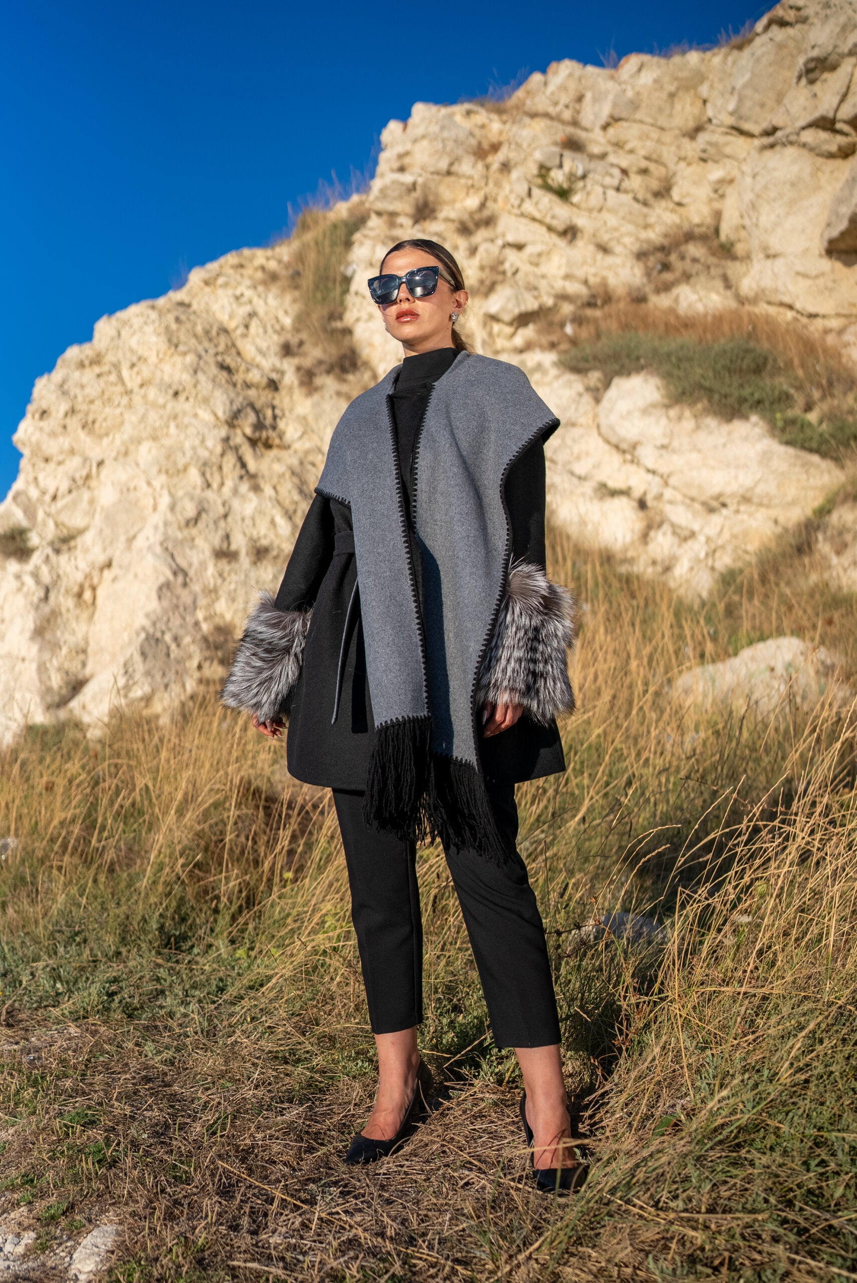 Alpaca Wool Jacket with Frost Fox Fur Sleeves, Scarf, and Hood -9485-
