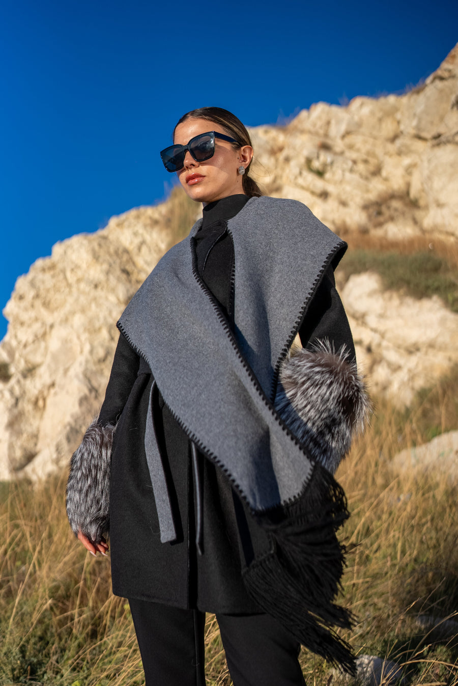 Alpaca Wool Jacket with Frost Fox Fur Sleeves, Scarf, and Hood -9485-