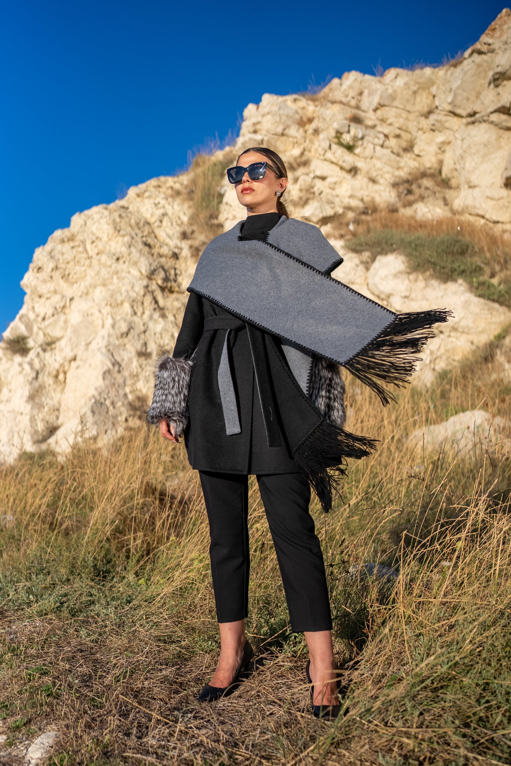 Alpaca Wool Jacket with Frost Fox Fur Sleeves, Scarf, and Hood -9485-
