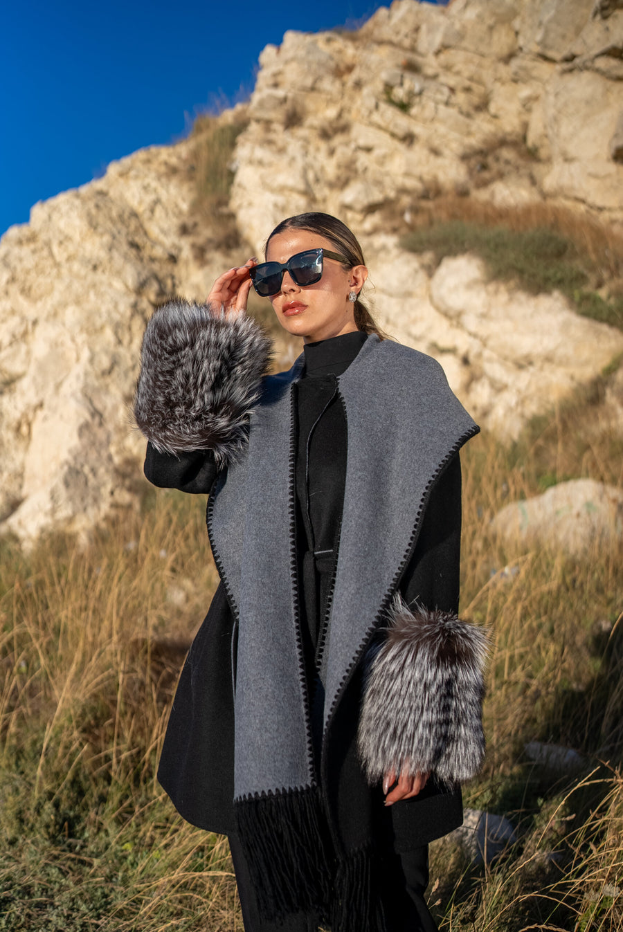 Alpaca Wool Jacket with Frost Fox Fur Sleeves, Scarf, and Hood -9485-