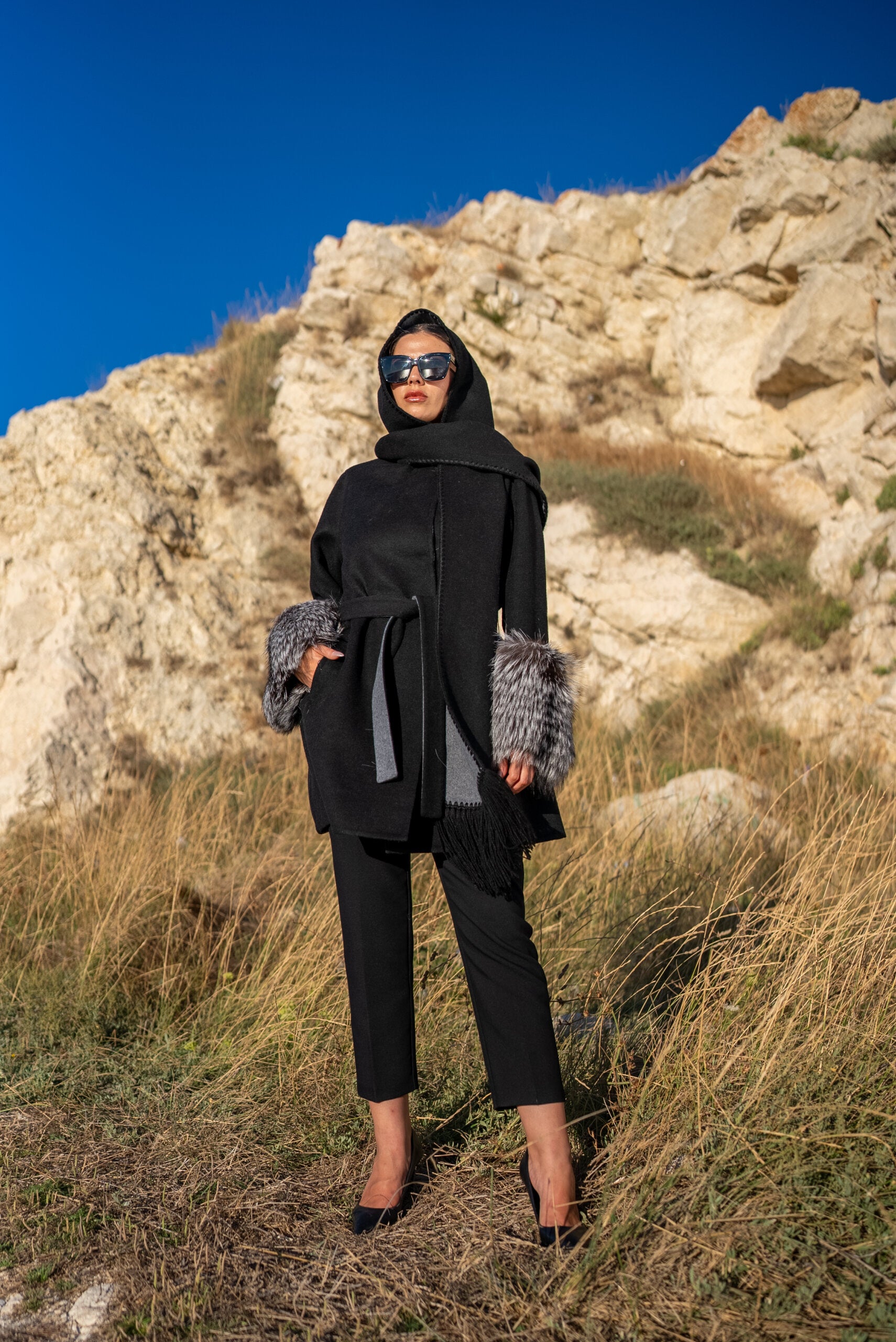 Alpaca Wool Jacket with Frost Fox Fur Sleeves, Scarf, and Hood -9485-