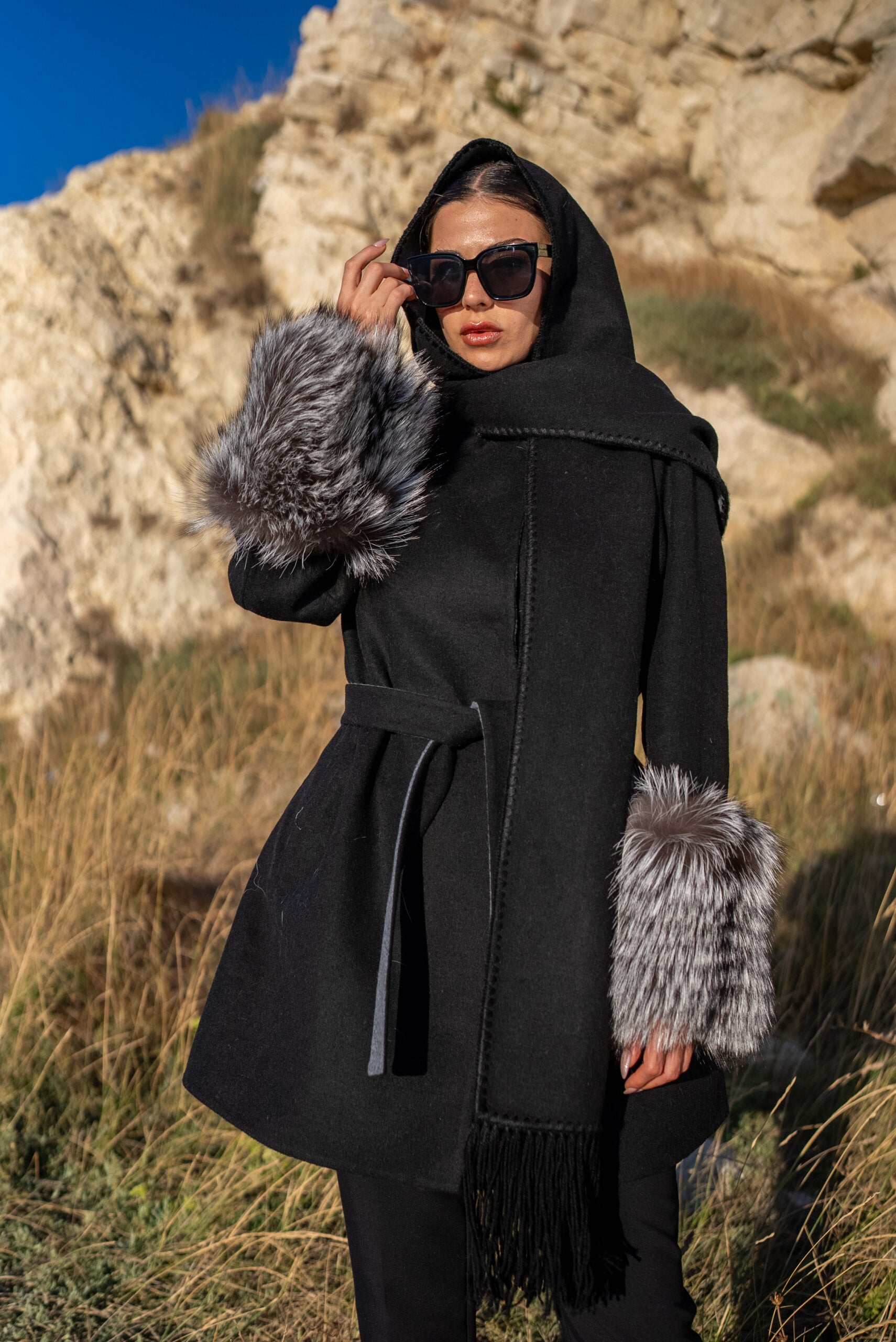 Alpaca Wool Jacket with Frost Fox Fur Sleeves, Scarf, and Hood -9485-