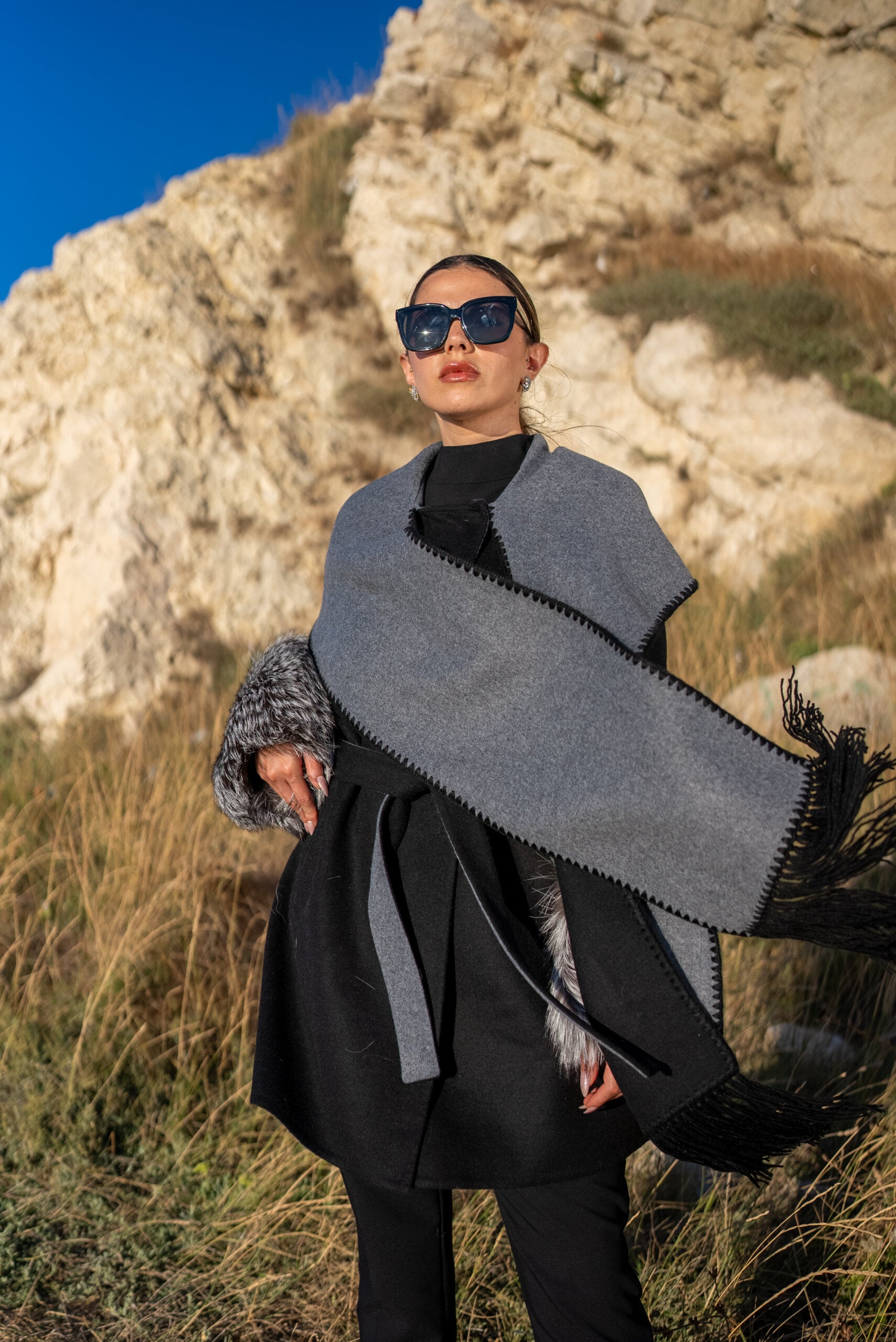 Alpaca Wool Jacket with Frost Fox Fur Sleeves, Scarf, and Hood -9485-