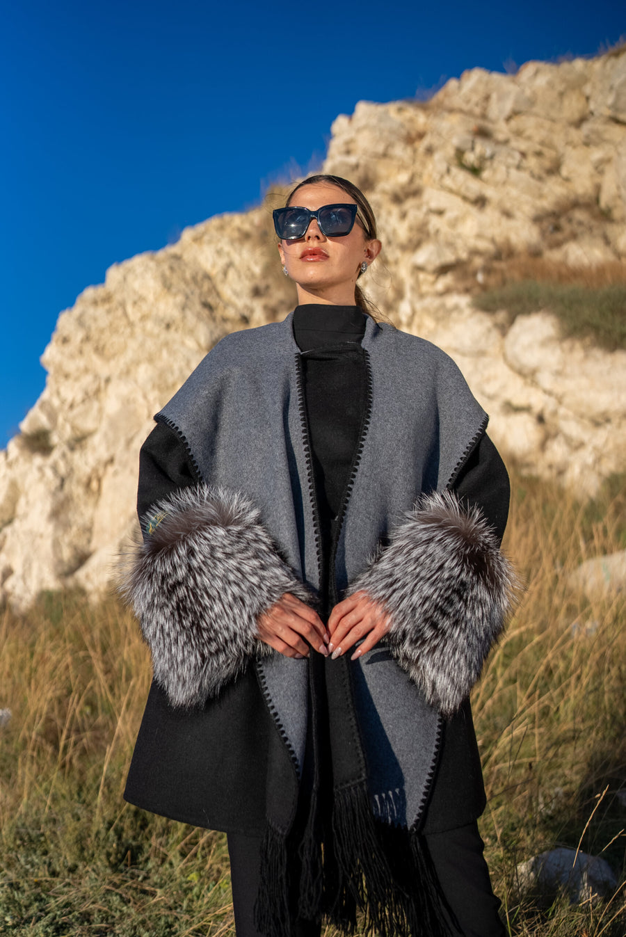 Alpaca Wool Jacket with Frost Fox Fur Sleeves, Scarf, and Hood -9485-