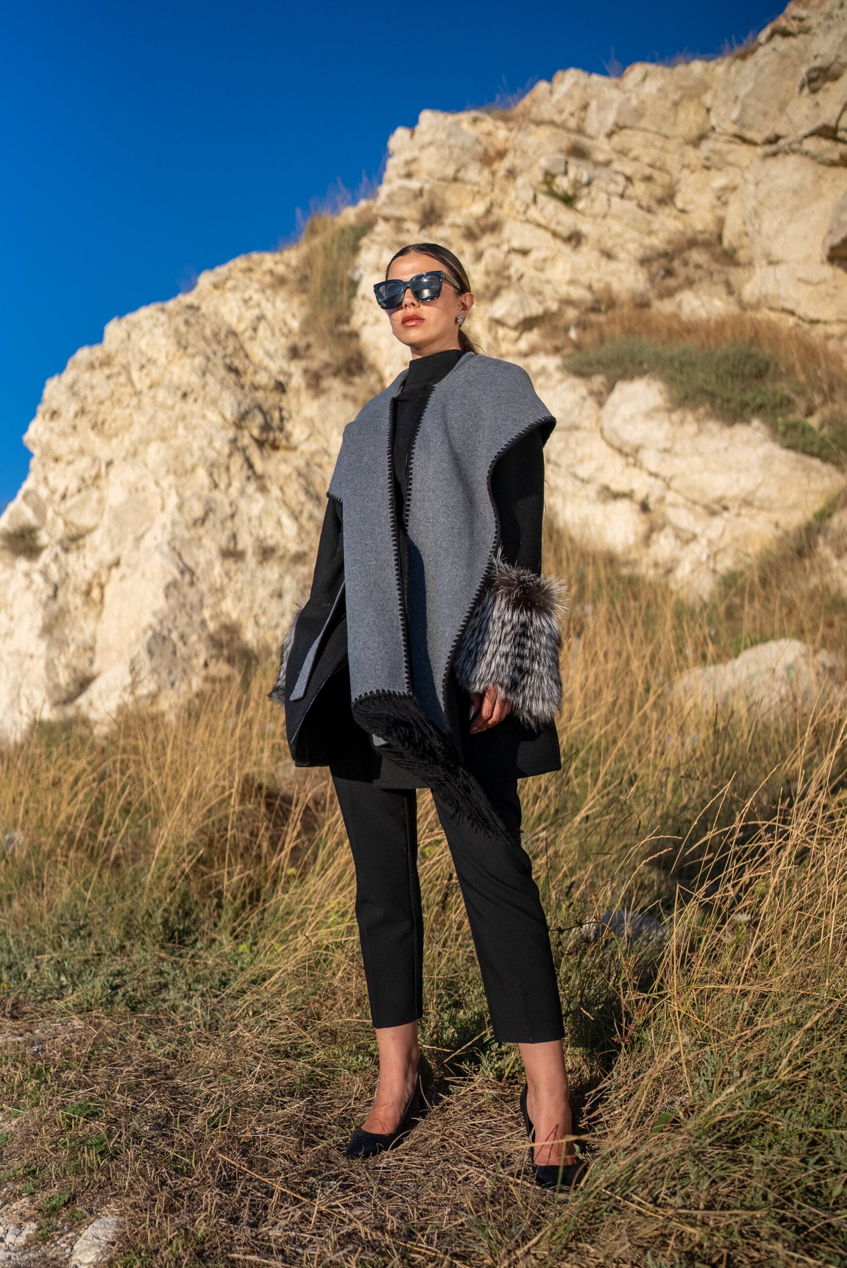 Alpaca Wool Jacket with Frost Fox Fur Sleeves, Scarf, and Hood -9485-
