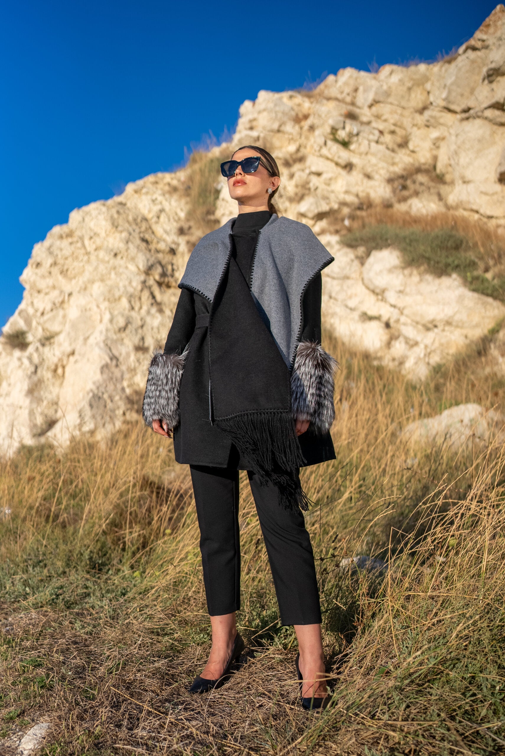 Alpaca Wool Jacket with Frost Fox Fur Sleeves, Scarf, and Hood -9485-