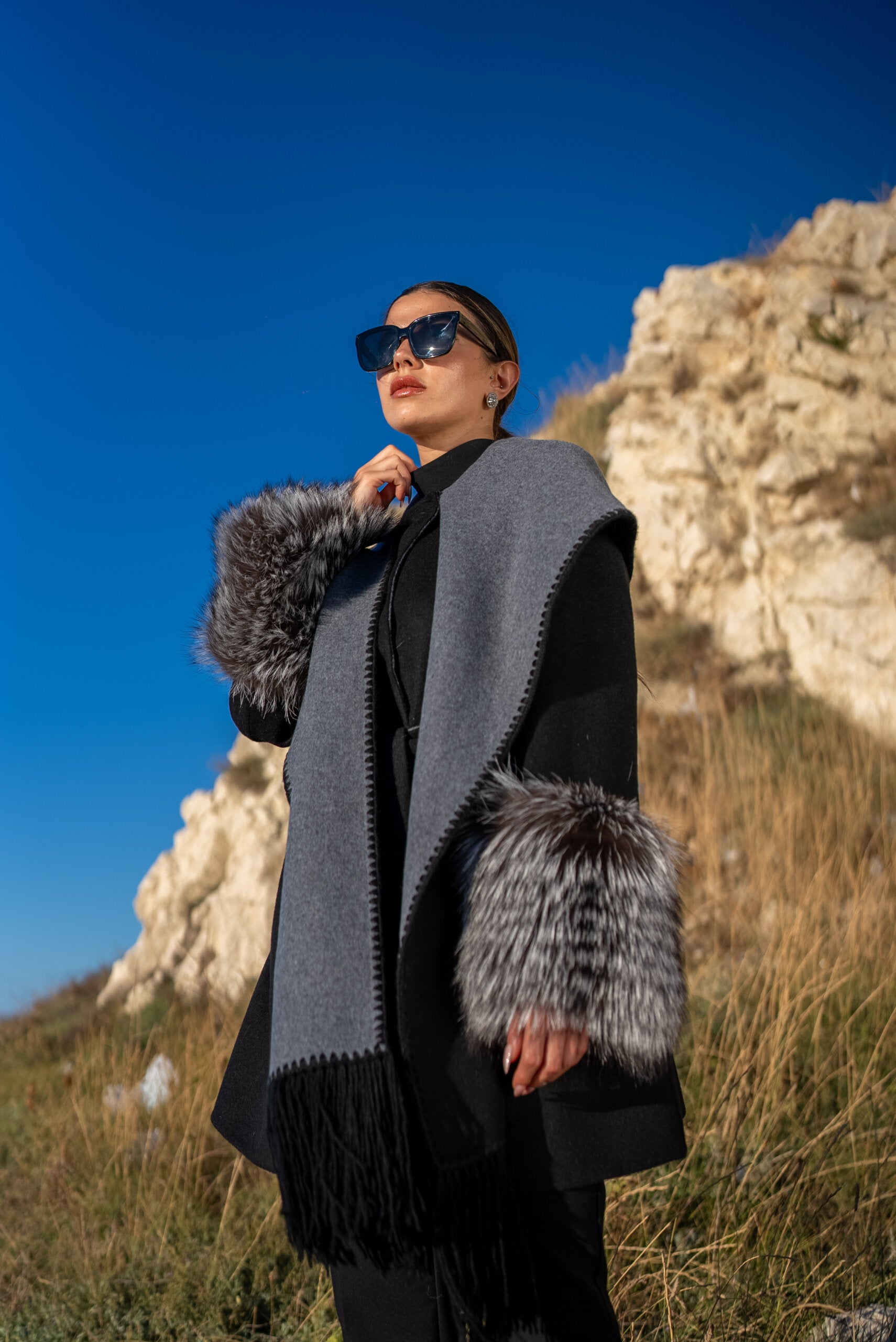 Alpaca Wool Jacket with Frost Fox Fur Sleeves, Scarf, and Hood -9485-