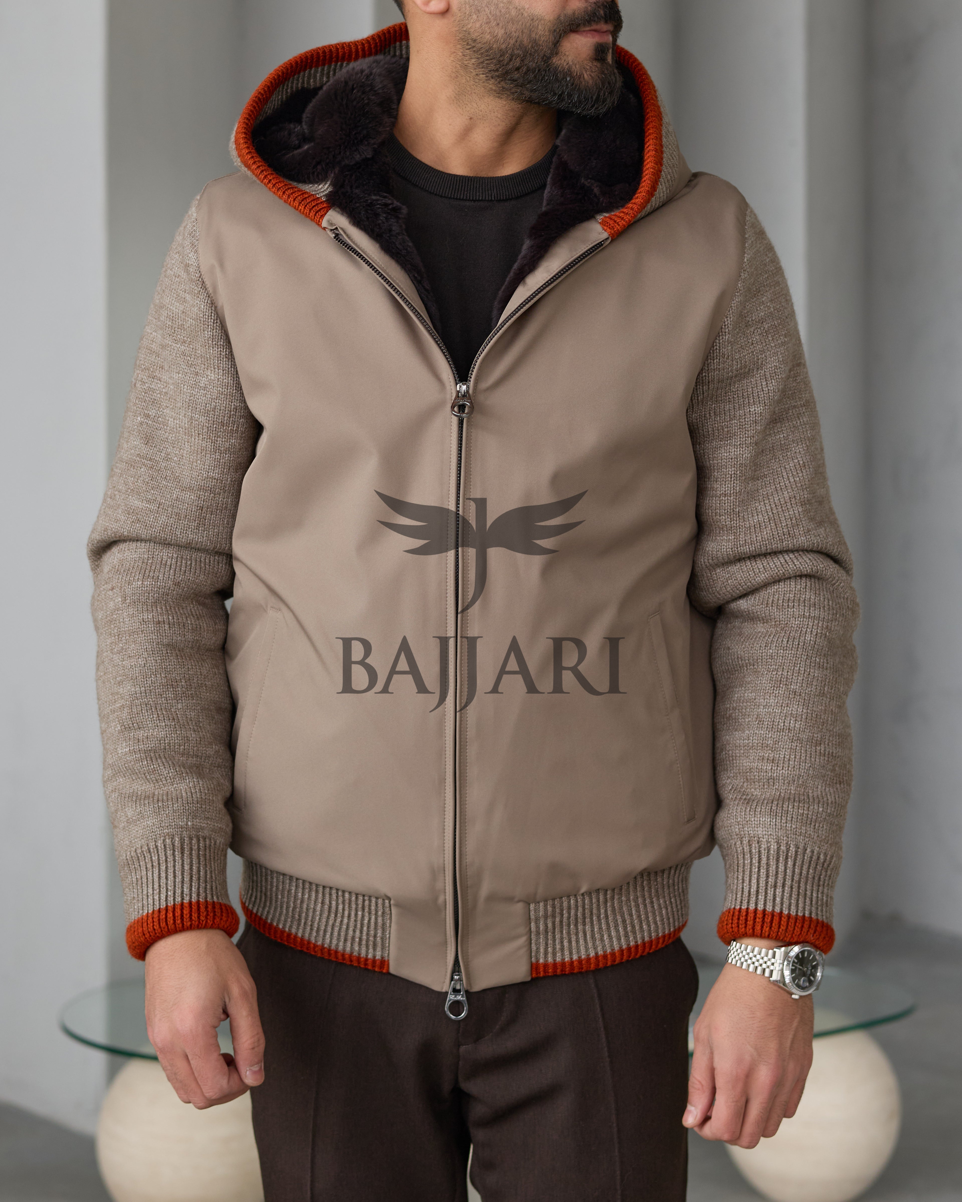 Men's hooded jacket with fur lining, knitted fabric sleeves, and waterproof fabric