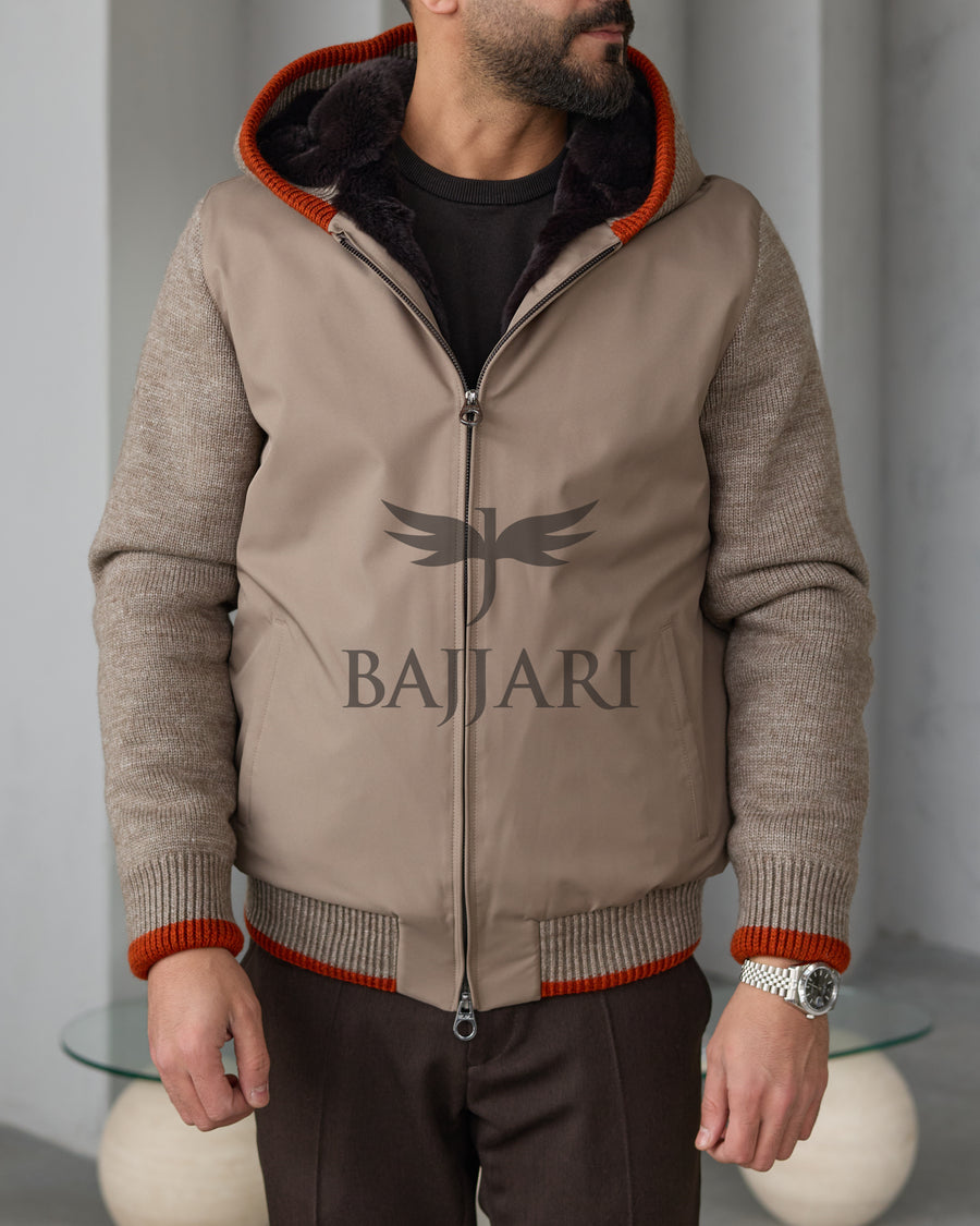 Men's hooded jacket with fur lining, knitted fabric sleeves, and waterproof fabric