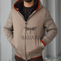 Men's hooded jacket with fur lining, knitted fabric sleeves, and waterproof fabric