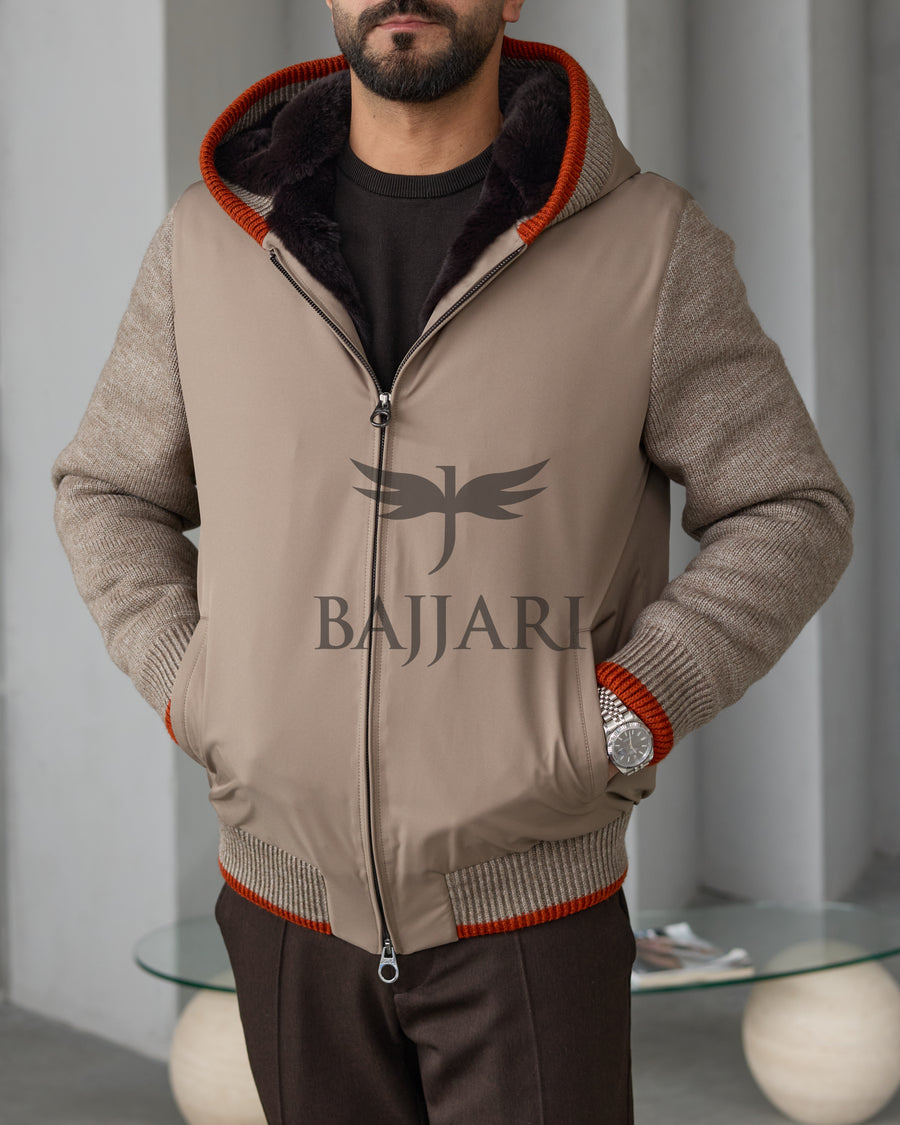 Men's hooded jacket with fur lining, knitted fabric sleeves, and waterproof fabric