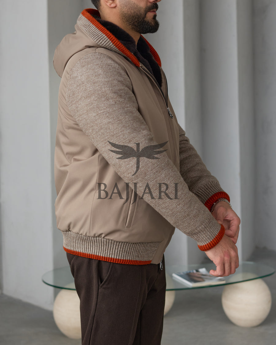 Men's hooded jacket with fur lining, knitted fabric sleeves, and waterproof fabric