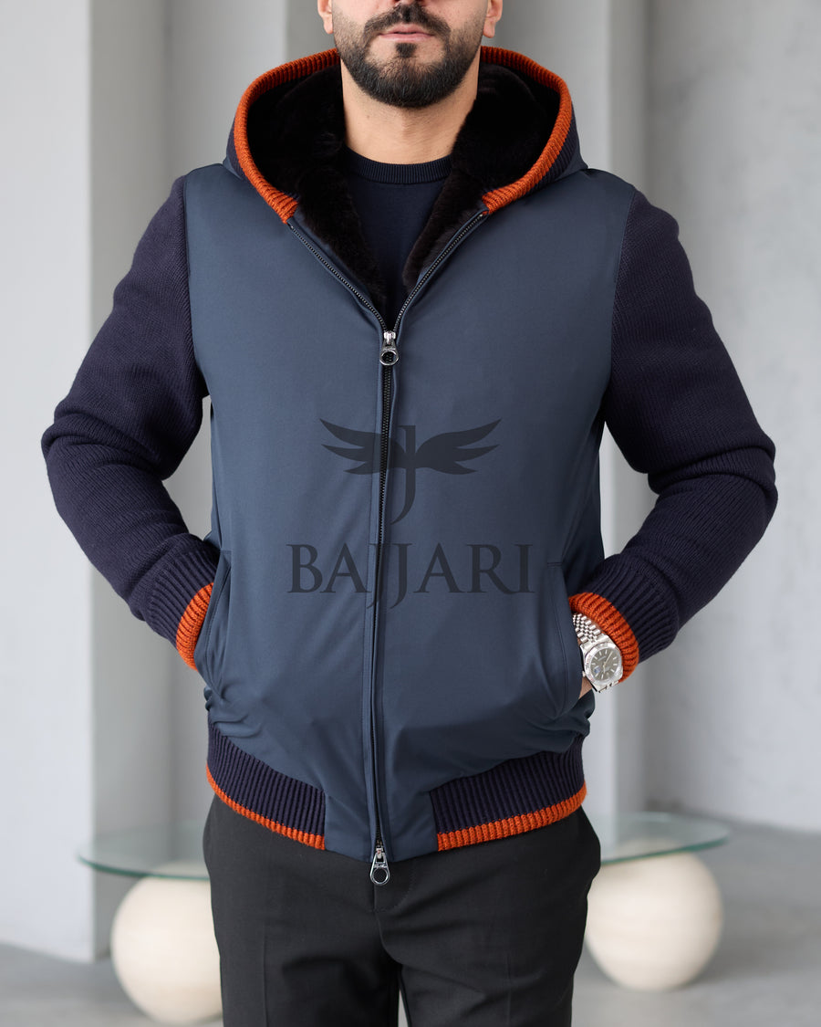 Men's hooded jacket with fur lining, knitted fabric sleeves, and waterproof fabric