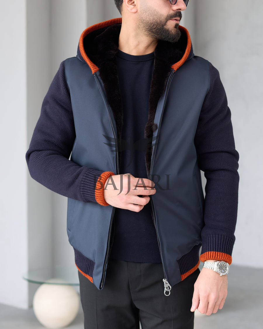 Men's hooded jacket with fur lining, knitted fabric sleeves, and waterproof fabric