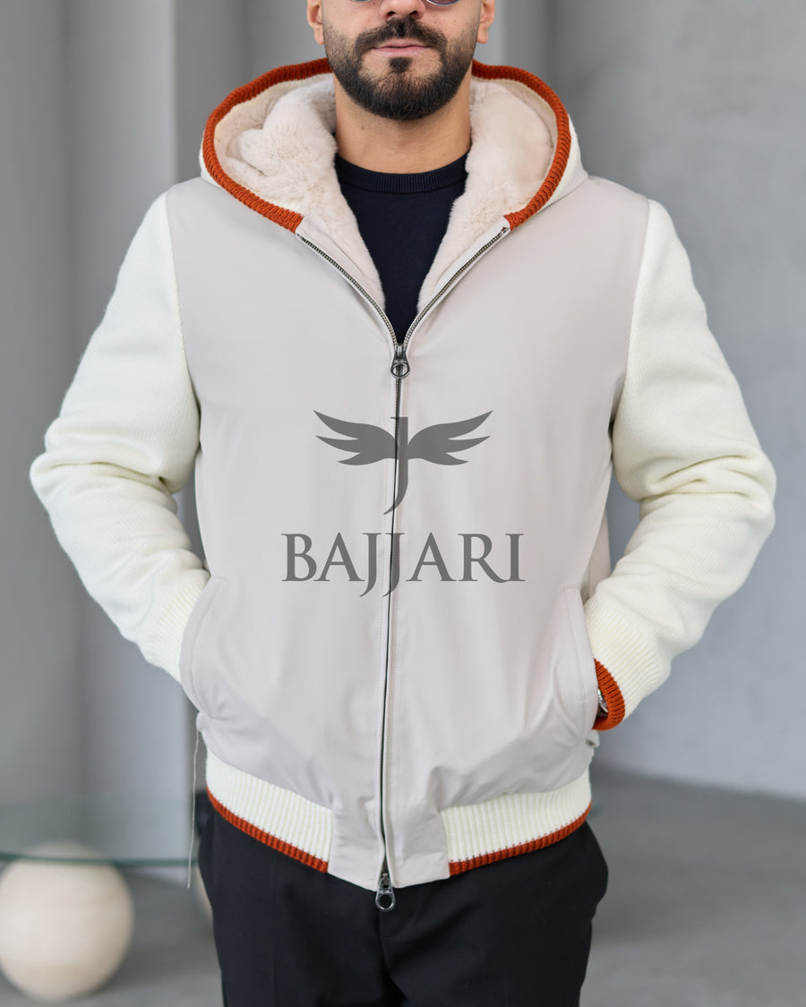 Men's hooded jacket with fur lining, knitted fabric sleeves, and waterproof fabric