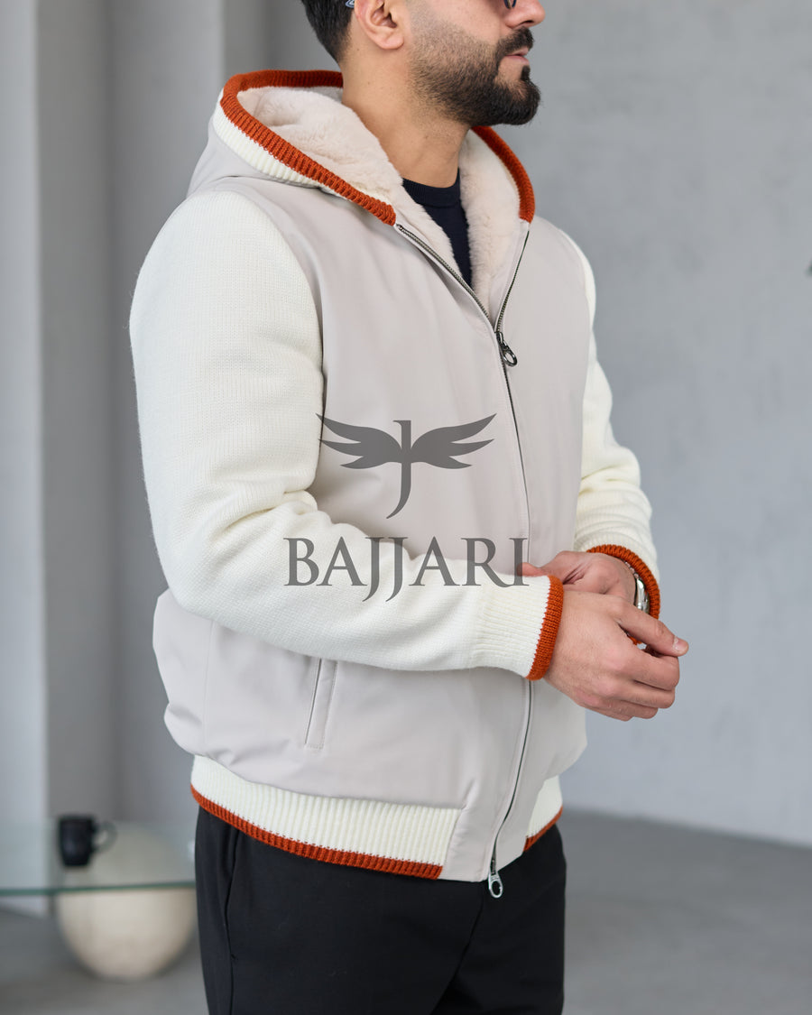 Men's hooded jacket with fur lining, knitted fabric sleeves, and waterproof fabric