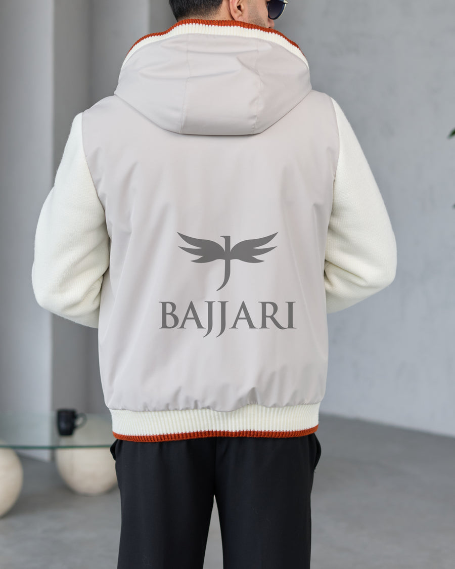 Men's hooded jacket with fur lining, knitted fabric sleeves, and waterproof fabric