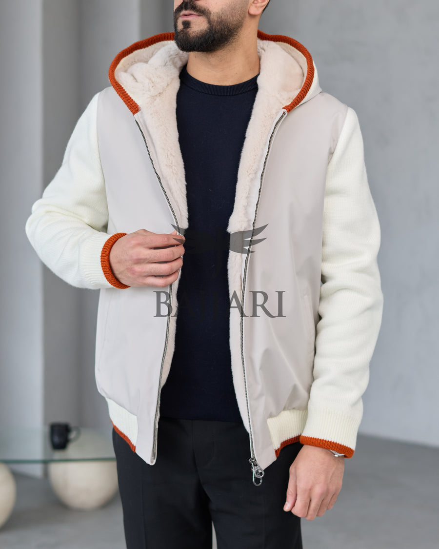 Men's hooded jacket with fur lining, knitted fabric sleeves, and waterproof fabric