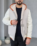 Men's hooded jacket with fur lining, knitted fabric sleeves, and waterproof fabric