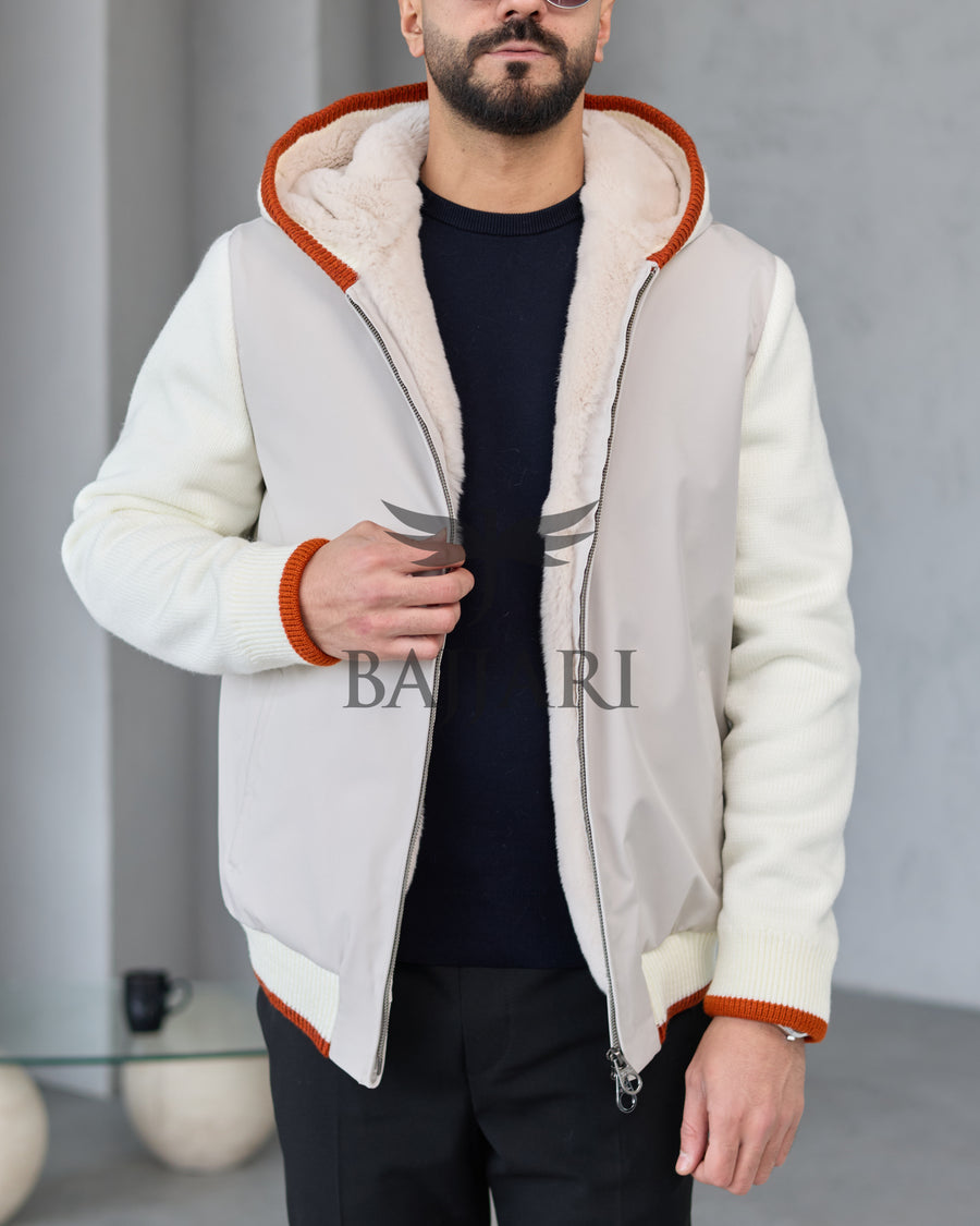 Men's hooded jacket with fur lining, knitted fabric sleeves, and waterproof fabric