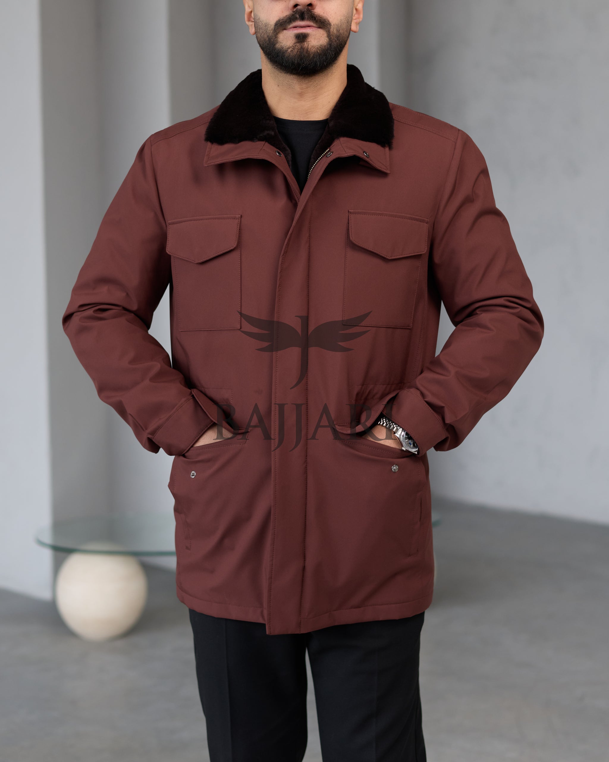 BAJJARI MAN Traveller Jacket Soft Rabbit Rex fur lined interior: Waterproof fabric