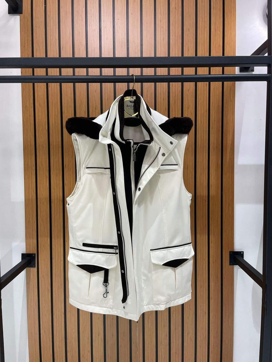 Men’s Waterproof Vest with Hood, Rabbit Fur, and Suede Details M-902