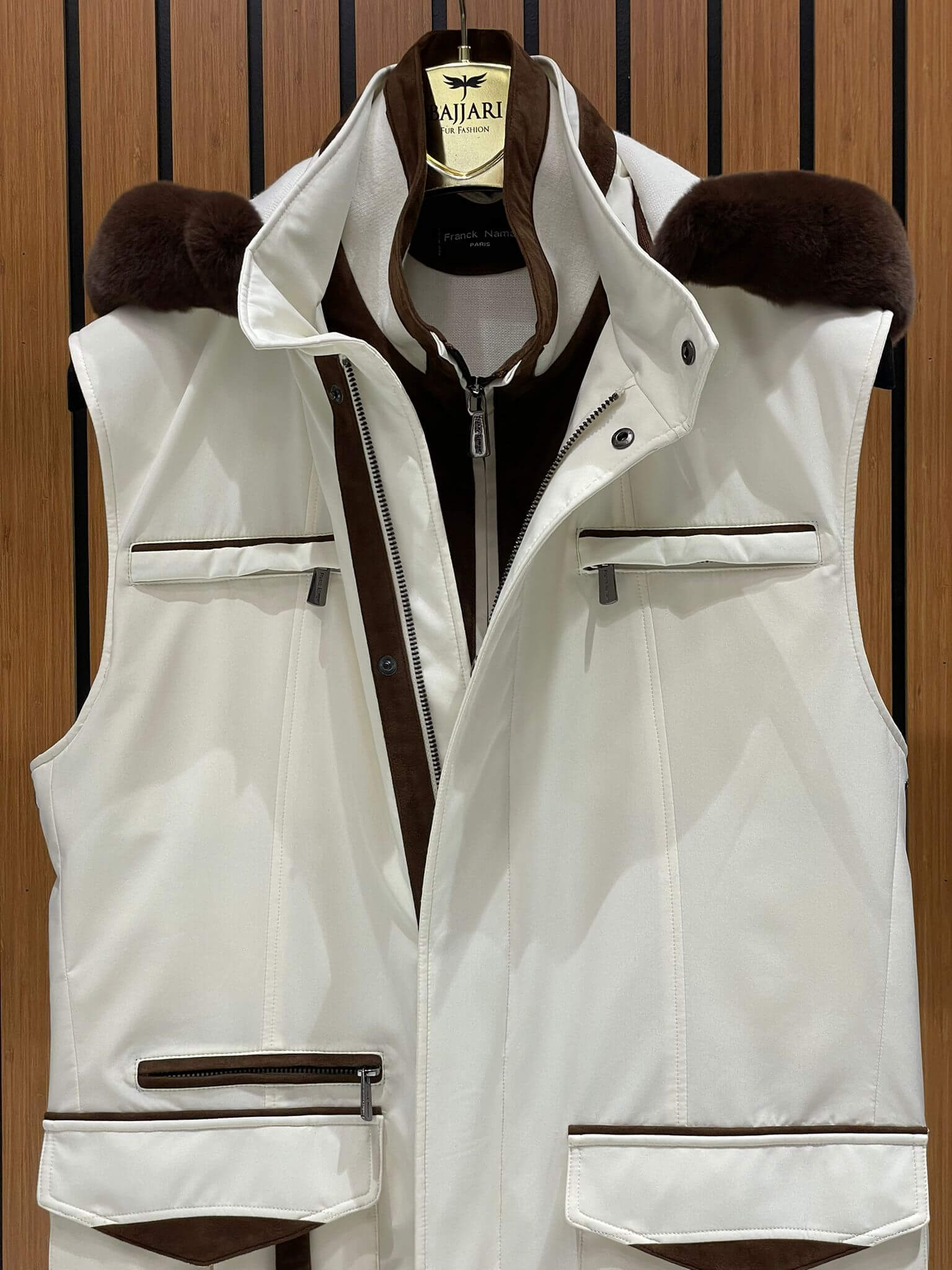 Men’s Waterproof Vest with Hood, Rabbit Fur, and Suede Details M-902