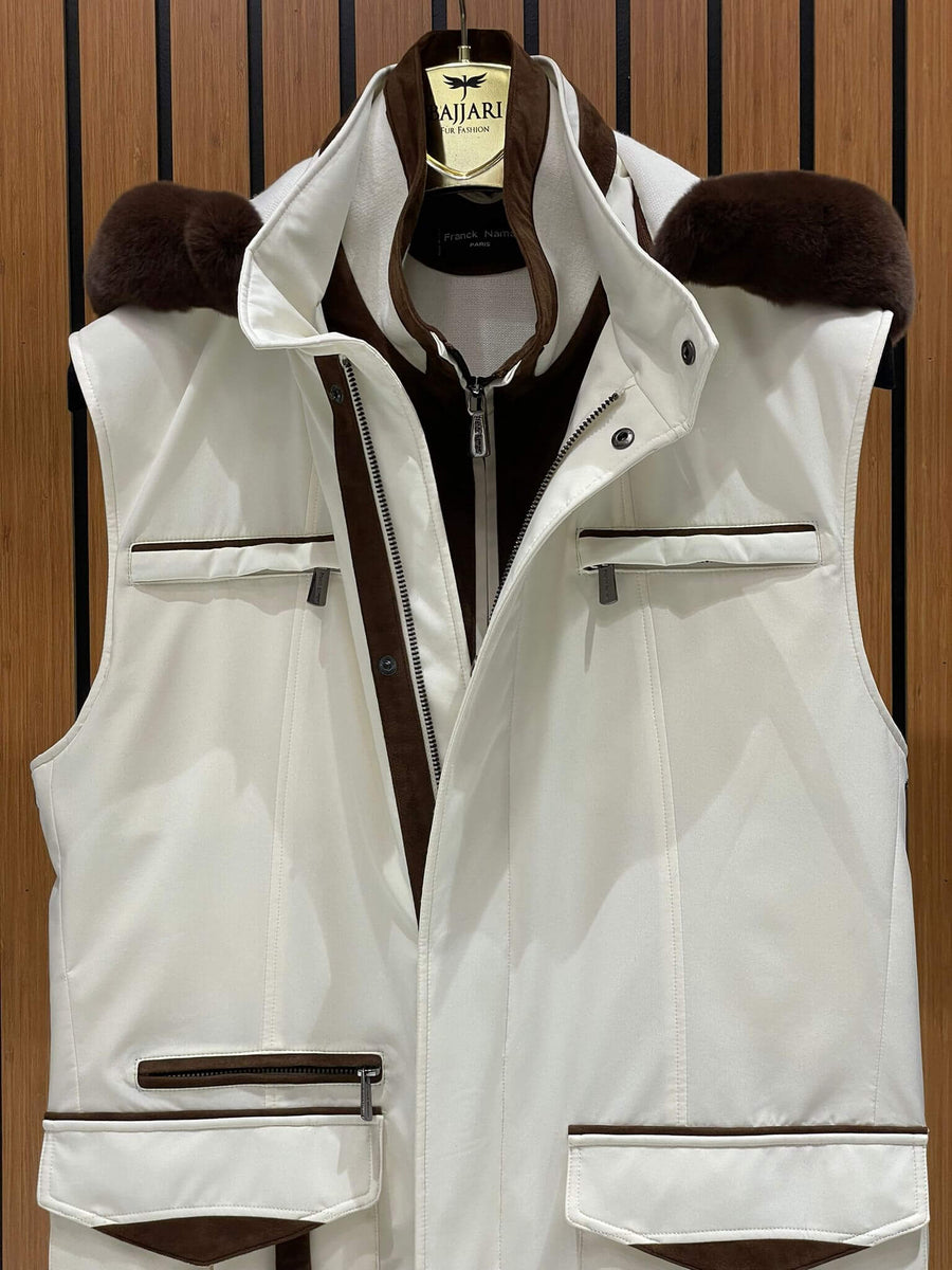 Men’s Waterproof Vest with Hood, Rabbit Fur, and Suede Details M-902