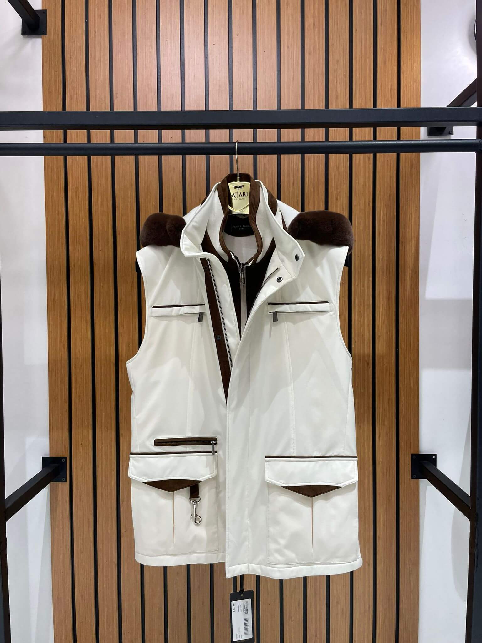 Men’s Waterproof Vest with Hood, Rabbit Fur, and Suede Details M-902