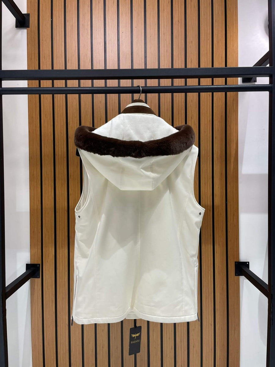 Men’s Waterproof Vest with Hood, Rabbit Fur, and Suede Details M-902