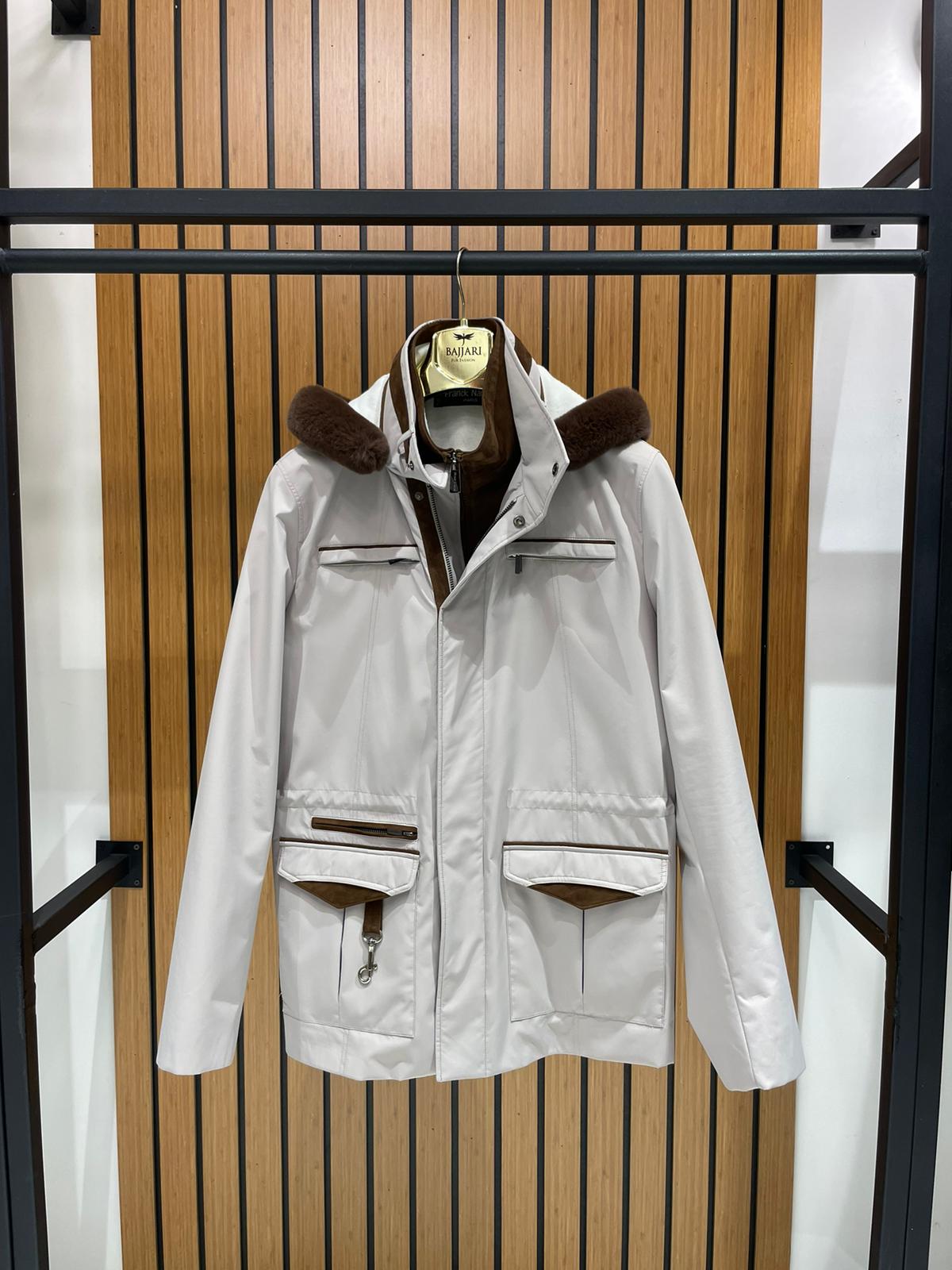 Men’s Jacket with Detachable Rabbit Fur Hood and Suede Details M-900