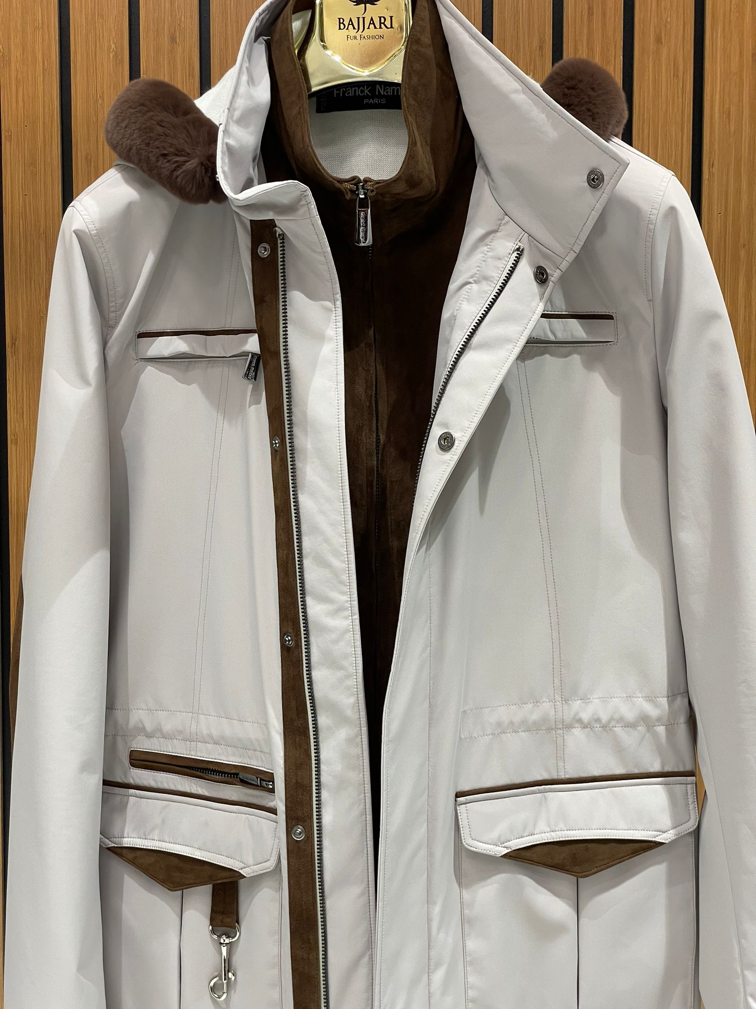 Men’s Jacket with Detachable Rabbit Fur Hood and Suede Details M-900