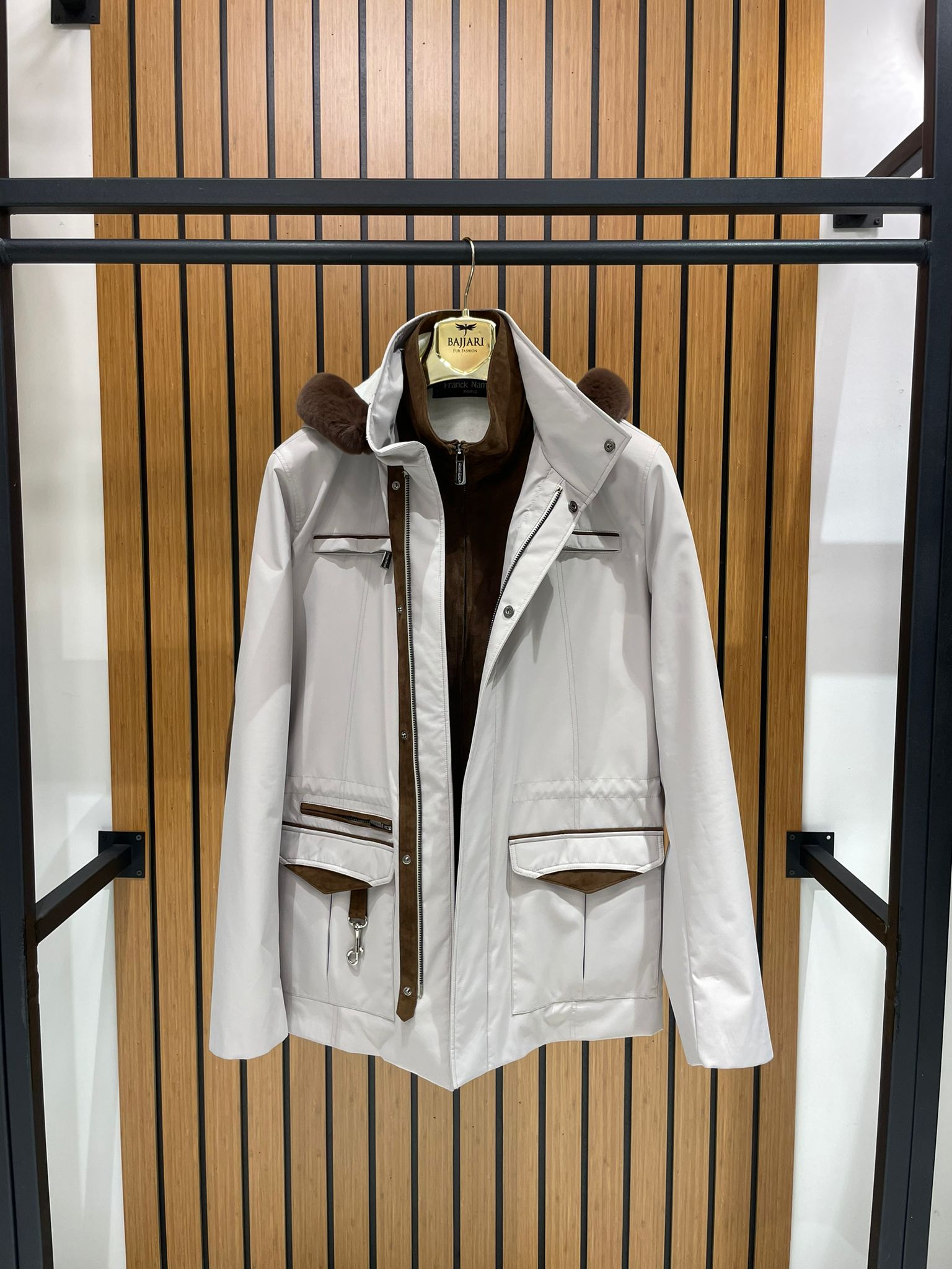 Men’s Jacket with Detachable Rabbit Fur Hood and Suede Details M-900