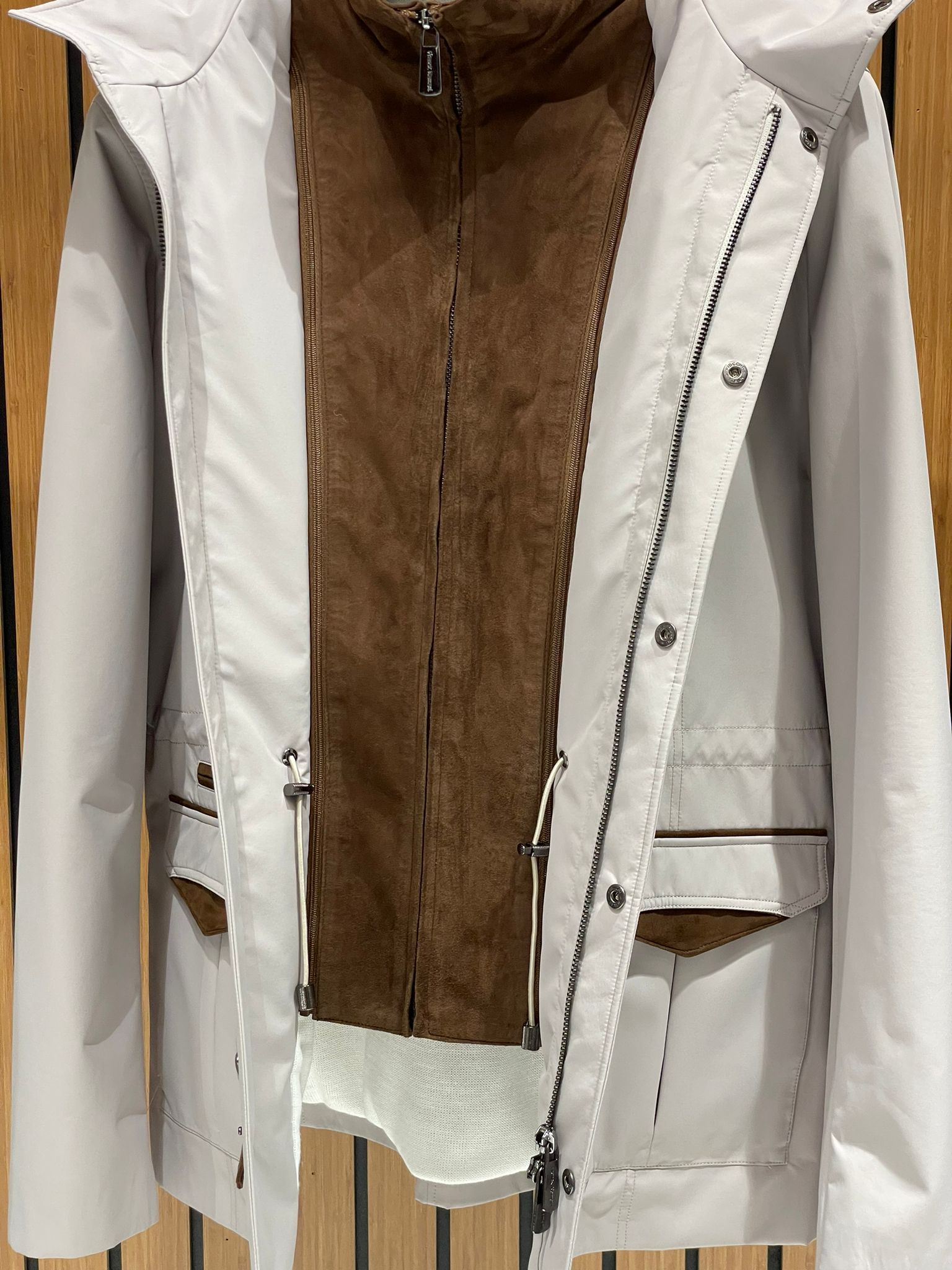 Men’s Jacket with Detachable Rabbit Fur Hood and Suede Details M-900