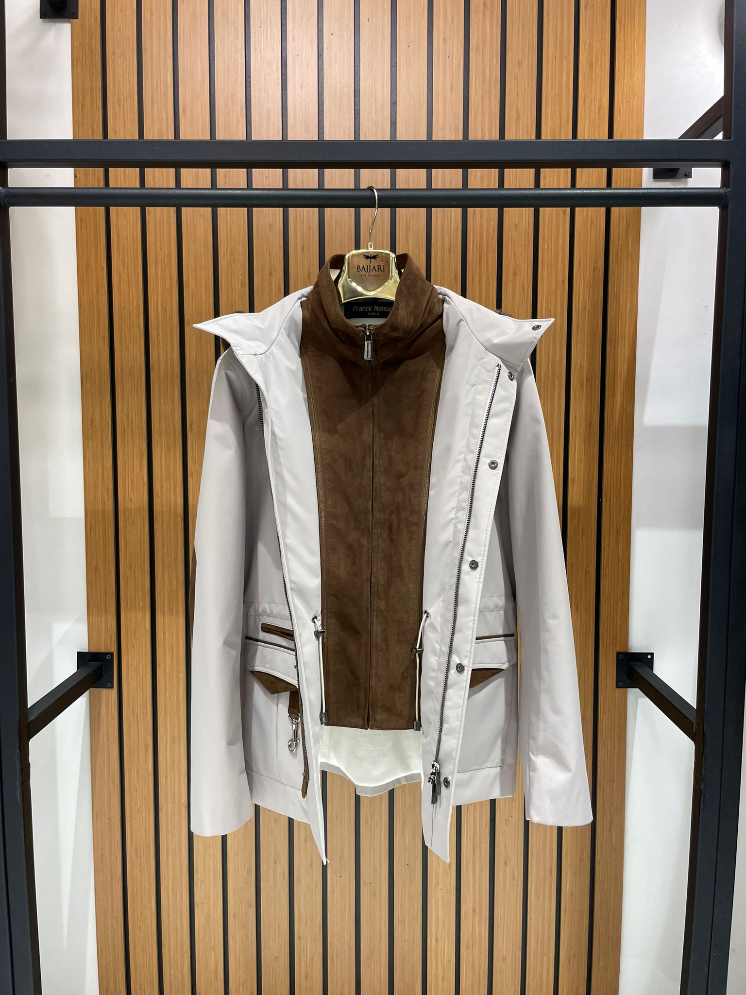 Men’s Jacket with Detachable Rabbit Fur Hood and Suede Details M-900