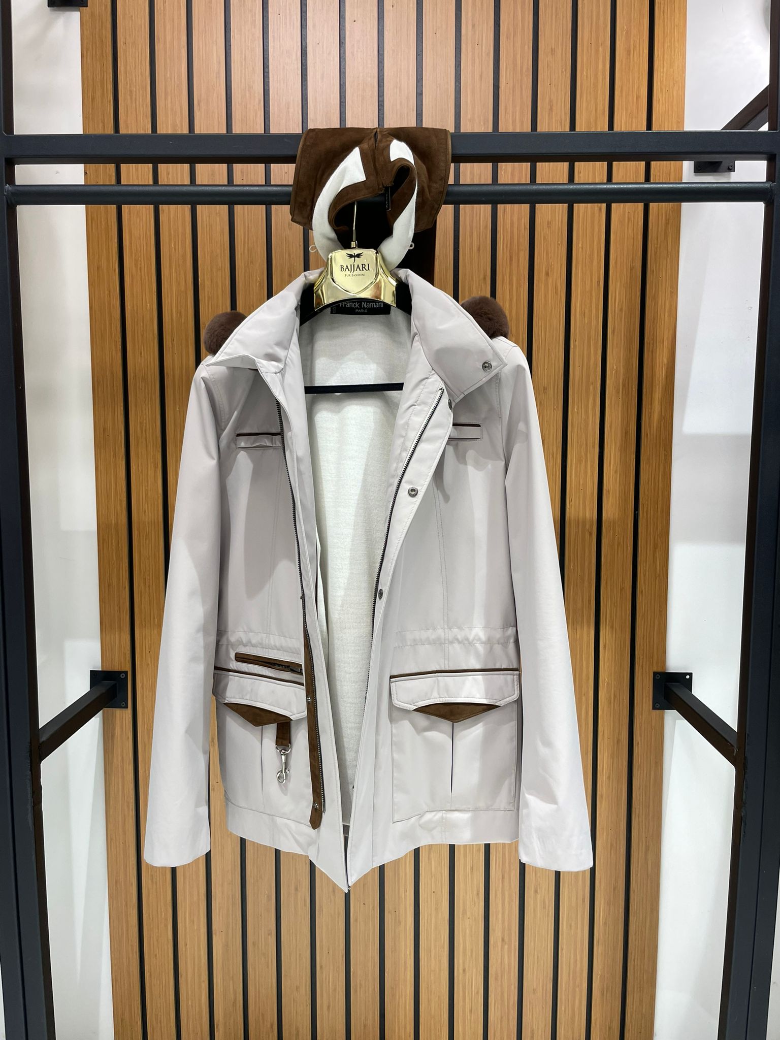 Men’s Jacket with Detachable Rabbit Fur Hood and Suede Details M-900