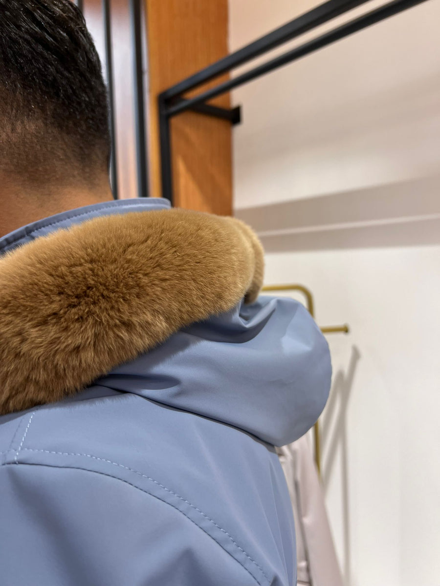 Men’s Jacket with Detachable Rabbit Fur Hood and Suede Details M-900