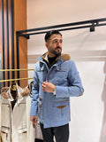 Men’s Jacket with Detachable Rabbit Fur Hood and Suede Details M-900